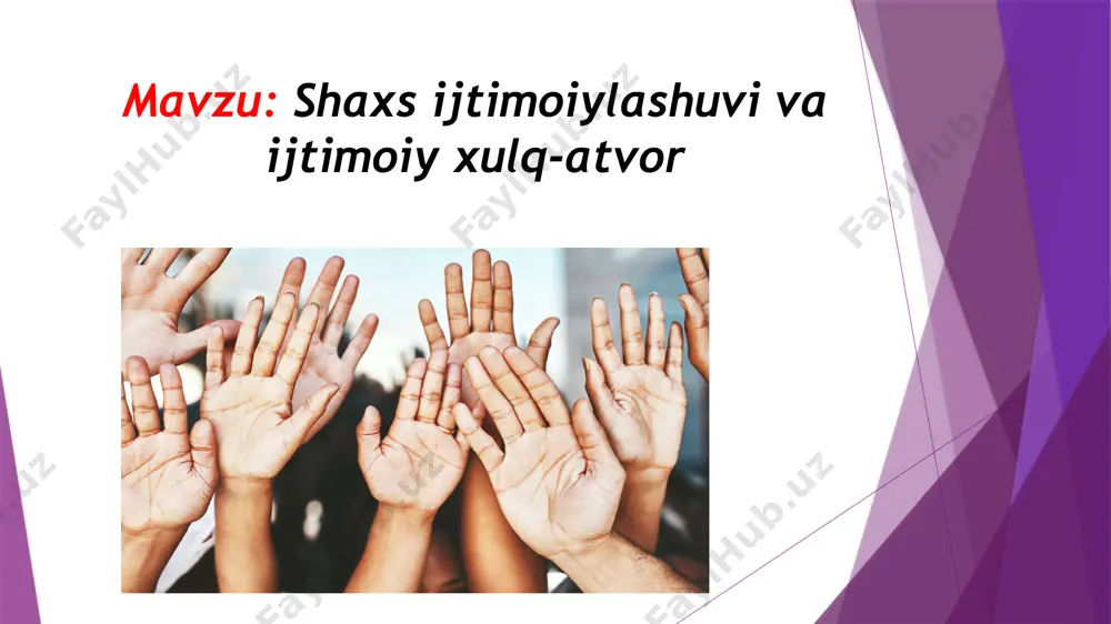chki xususiyatlarini oʻzi yashayotgan muhit xususiyatlaridan kelib chiqqan holda oʻzgartirishi. ldentifikatsiya — mdivid tomonidan ongli va ongsiz ravishda boshqalarning xulq-atvorini, qadriyatlarini va ijtimoiy me'yorlarini oʻzida qayta tiklashi (o’ziniki qilib oʻzlashtirish). taqlid qilish — individ tomonidan ongli va ongsiz ravishda boshqalarning xatti-harakati, yurish-turishi, gapirishini oʻzida qayta tiklash (oʻziniki qilib oʻzlashtirish). ishonish — individ tomonidan ongli va ongsiz holatda u bilan muloqotga kirgan insonlarning fikrlari, his-tuygʻulari, dunyoqarashlarini oʻzida qayta tiklash (o'ziniki qilib oʻzlashtirish). inson xulq-atvorida tashqi holatlar tizimi unda shakllangan ichki sharoitlar tizimi orqali sinadi. bunga: qadriyatlarni yo’nalishlari tizimi, maqsadni belgilash va maqsadga erishish xususiyatlari, o’z-o’zini tartibga solishning xususiyatlari kiradi. foydalanilgan adabiyotlar: g’oziyev e.g. umumiy psixologiya karimova v.m. psixologiya t-2002y karimova v.m. ijtimoiy psixologiya petroviskiy a.v. umumiy psixologiya e’tiboringiz uchun rahmat image1.jpg image2.png image3.jpeg image4.jpeg image5.jpeg image6.jpeg image7.jpeg image8.jpeg /docprops/thumbnail.jpeg
