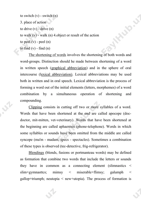 mi - productive type of word-building. it is mostly active in compound verbs, and is combined with word-composition. the basis of this type of word-building are compound words and word-combinations having verbal nouns,gerunds, participles or other derivative nouns as their second component (rush-development, finger-printing, well-wisher). these compounds and word-combinations are wrongly considered to be formed from compound verbs which are nonexistent in reality. this gives a rise to such verbs as: to rush-develop, to finger-print, to well-wish. onomatopoeia (sound-imitation, echoism) is the naming of an action or thing by a more or less exact reproduction of a natural sound associated with it (babble, crow, twitter). semantically, according to the source of sound onomatopoeic words fall into a few very definite groups. many verbs denote sounds produced by human beings in the process of communication or in expressing their feelings (babble, chatter, giggle, grumble, murmur, mutter, titter, whisper). there are sounds …