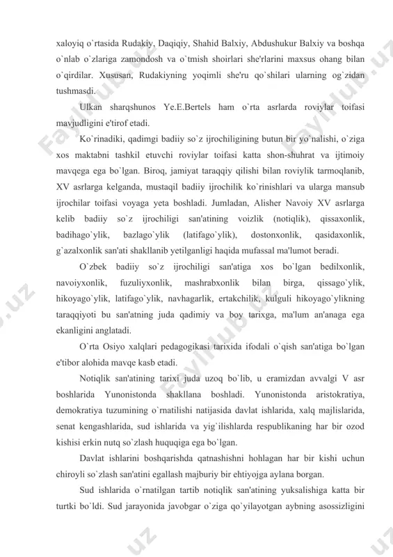 i. yunonistonda aristokratiya, demokratiya tuzumining o`rnatilishi natijasida davlat ishlarida, xalq majlislarida, senat kengashlarida, sud ishlarida va yig`ilishlarda respublikaning har bir ozod kishisi erkin nutq so`zlash huquqiga ega bo`lgan. davlat ishlarini boshqarishda qatnashishni hohlagan har bir kishi uchun chiroyli so`zlash san'atini egallash majburiy bir ehtiyojga aylana borgan. sud ishlarida o`rnatilgan tartib notiqlik san'atining yuksalishiga katta bir turtki bo`ldi. sud jarayonida javobgar o`ziga qo`yilayotgan aybning asossizligini isbotlab gapirishi, da'vogar esa o`z fikrida qattiq turishi, uni qoralashi lozim edi. lekin hamma ham chiroyli so`zlash qobiliyatiga ega bo`lavermaydi. shuning natijasida, nutq matnlarini yozib beradigan bilimdon kishilarga ehtiyoj tug`ila boshladi va yozma nutq san'atini yaxshi egallagan notiqlarni o`sha zamon tili bilan "logograflar" deb atay boshladilar. notiqlik san'atining keng ko`lamda qanot yoyishi esa, o`z navbatida uning sud notiqligi, harbiy notiqlik va siyosiy notiqlik kabi shoxobchalarining paydo bo`lishiga olib keldi. sudda gapiriladigan chiroyli nutq o`rnini, endilikda aniq qonuniyatga ega bo`lgan sud notiqligi egalladi. oradan bir oz vaqt …
