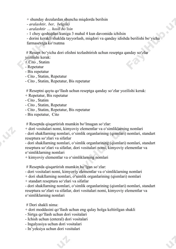 ozalardan shuncha miqdorda berilsin - aralashtir, ber, belgila) - aralashtir … hosil bo‘lsin - 1 choy qoshiqdan kuniga 3 mahal 4 kun davomida ichilsin - dorini kerakli shaklda tayyorlash, miqdori va qanday idishda berilishi bo‘yicha farmasevtga ko‘rsatma # resept bo‘yicha dori olishni tezlashtirish uchun reseptga qanday so‘zlar yozilishi kerak: + cito , statim - repetatur - bis repetatur - cito , statim, repetatur - cito , statim, repetatur, bis repetatur # reseptni qayta qo‘llash uchun reseptga qanday so‘zlar yozilishi kerak: + repetatur, bis repetatur - cito , statim - cito , statim, repetatur - cito , statim, repetatur, bis repetatur - bis repetatur, cito # reseptda qisqartirish mumkin bo‘lmagan so‘zlar: + dori vositalari nomi, kimyoviy elementlar va o‘simliklarning nomlari - dori shakllarning nomlari, o‘simlik organlarining (qismlari) nomlari, standart reseptura so‘zlari va sifatlar - dori shakllarning nomlari, o‘simlik organlarining (qismlari) nomlari, standart reseptura so‘zlari va sifatlar, dori vositalari nomi, kimyoviy elementlar …