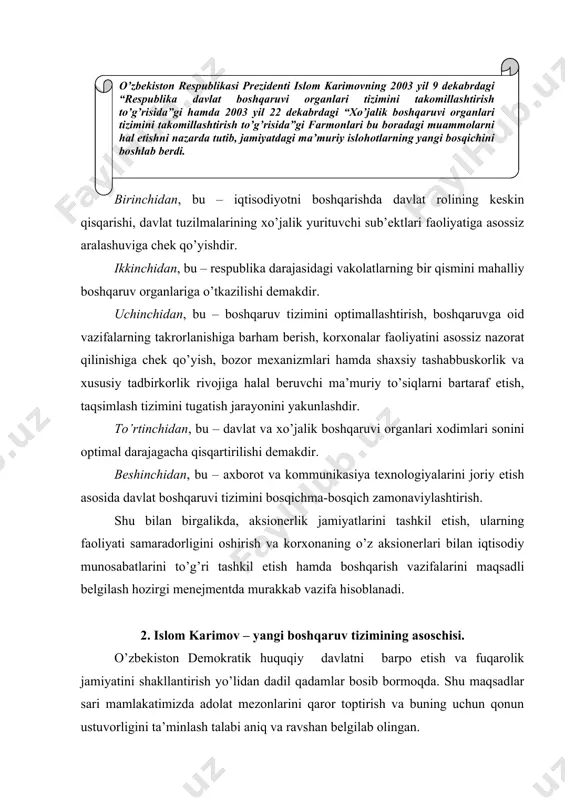 ’ayish va kuch – qudrat manbaidir. ana shunday fazilatlarga ega bo’lgan insonlar jamiyatidagina adolat, qonun ustuvor bo’ladi. bugungi kunda mazkur yo’nalishda respublikada maqsadli bosqichma-bosqich islohotlar olib borilmaqda. o’z navbatida fuqarolarni turmush tarzida adolat mezonlari o’z aksini topib borishi uchun ularni manfaatlari davlatning faoliyatida adekvat ravishda o’z aksini topishini va doimo mustahkam qo’riqlanib borilishini taqozo etadi. aynan shu maqsadlarga mos holda o’zbekistonda islohotlarni muhim yo’nalishlari etib hokimiyatni bo’linish tamoyilini amalga oshirishni ta’minlash, jamiyatni siyosiy tizimida parlamentni rivojlantirish, sud hokimiyati rolini oshirish kabi masalalar belgilab olingan. prezidentimiz shu uchta yo’nalishdagi islohotlar yuzasidan quyidagi fikrni bildiradi: “mamlakatimizda davlat va jamiyat qurilishining asosiy tamoyillari aniq ifodalab berildi, davlat hokimiyatining qonun chiqaruvchi, ijro etuvchi va sud tarmoqlariga bo’linishi eng muhim tamoyil sifatida belgilandi”, “davlat va jamiyat qurilishi sohasida amalga oshirilayotgan demokratik islohotlar natijasida mamlakatimizning qonun chiqaruvchi oliy organi – o’zbekiston respublikasi oliy majlisi ikki palatali parlamentga aylantirildi”, “sudlarni jazolovchi va faqat davlat manfaatlarini himoya qiluvchi …