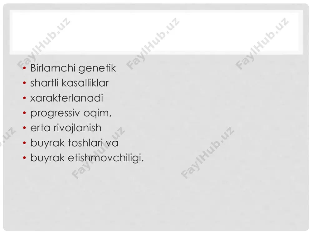 ng fizik va kimyoviy xossalari (masalan, buyraklarning yallig'lanishi). • urat kristallari buyrak to'qimalarida to'planadi - it yallig'lanishning rivojlanishiga va buyrak funktsiyasining pasayishiga olib keladi • kasallikning dastlabki belgilari erta yoshda aniqlanishi mumkin, garchi ko'p hollarda butun jarayon davomida uzoq yashirin davr mavjud. • ammo umuman olganda, urat uchun siydik testi oz miqdorda protein va qizil qon hujayralarini aniqlaydi. siydikda ko'p miqdorda urat borligida g'isht rangiga aylanadi sistin kasalliklari • sistin aminokislotalar almashinuvi mahsulotidir. metionin.siydikda sistin kontsentratsiyasini oshirishning ikkita asosiy sababi bor: buyrak hujayralarida sistinning ko'p to'planishi; buyrak kanalchalarida sistinning qayta qabul qilinishining buzilishi. hujayralarda sistinning to'planishi genetik nuqsonning natijasidir • sistin reduktaza fermenti. ushbu metabolik kasallik tizimli xarakterga ega va sistinoz deb ataladi. • sistinning hujayra ichidagi va hujayradan tashqari to'planishi kristallar nafaqat buyrak kanalchalarida va interstitsial, balki jigar, taloq, limfa tugunlarida, suyak iligi, periferik qon hujayralari, nervlar va mushaklar to'qimalar va boshqa organlar • buyrak kanalchalarida sistinning qayta qabul …