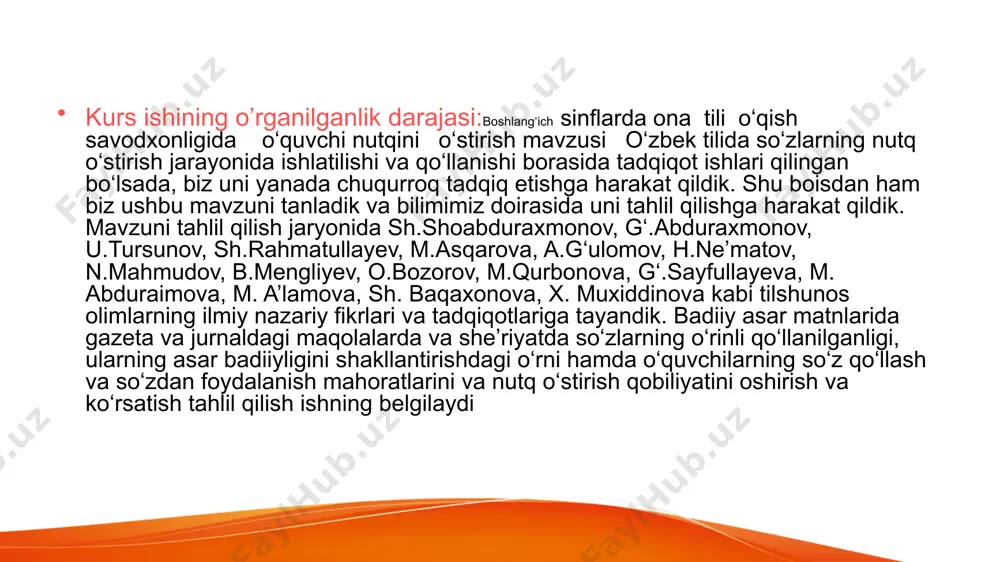 i ustida ham shu tarzda ishlanadi. g‘afforova va b. “ona tili”, t., “o‘qituvchi”, 2001 yilgi nashr. 1-sinf darsligida xiva ona tarix tilmochi, …bilan egachi, urush yo‘lini taqqa bekitdik, biz ma’nosiga zeb bersak, rediskaga akaman, karvon bo‘lib kelamiz (turnalar), chehrasiga tabassum yugurdi, bahor oq bulutni yetaklab ketdi, 2-sinf darsligida dov-daraxtning soch-soqolini qirishdi. biz oqlagan daraxtlar oppoq paypoq kiyishdi kabi badiiy-tasviriy til vositalari ustida ishlash o‘quvchini til zar, uni tilida qo‘llovchi zargar bo‘lishiga undaydi. o‘quvchilar tilida kam qo‘llaniladigan so‘zlar ma’nosi ustida ishlash. adabiy tilga oid ba’zi so‘zlar o‘quvchilar nutqida kam qo‘llaniladi. bu so‘zning ma’nosini o‘quvchi yetarli darajada tushunmaydi. uning o‘rnida oddiy so‘zlarni qo‘llaydi. o‘qituvchi ularni kitobiy so‘zlar bilan almashtirish uchun nutqida qo‘llashga majbur etadigan vaziyat yaratishi, ehtiyojni yuzaga keltirish zarur. masalan, jim –tinch, -osuda-osoyishta, yurakdan-dildan, soat strelkasi-soat millari, -garmdori-qalampir, minut-daqiqa, rayon-tuman kabi. so‘zlarning qo‘llanishini faolashtirish uchun yozma ishlar o‘tkazilayotganda ham o‘quvchilar e’tiborini ayrim so‘zlarni boshqasi bilan almashtirishlari ta’kidlandi. masalan, 1-sinfda rasmlar asosida …