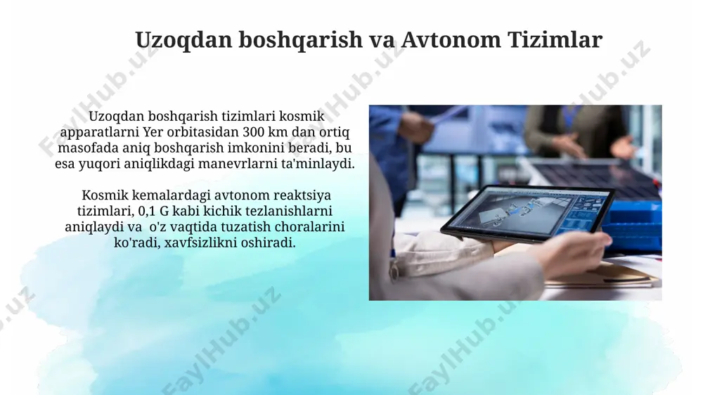 mkoniyatini yaxshilaydi va shu bilan birga xarajatlarni kamaytiradi. kelajakdagi tendentsiyalar va innovatsiyalar kosmik chiqindilarni bartaraf etish uchun lazerli va magnit texnologiyalaridan foydalanish orbital atrofdagi 10000 dan ortiq faol va faol bo'lmagan sun'iy yo'ldoshlarni tozalashda muhim rol o'ynaydi. hypersonic transport vositalarini ishlab chiqarishda yangi materiallar (masalan, grafen va karbon nanotubalar) ishlatilishi tezlikni 5-10 ma gacha oshirish imkonini beradi. kosmik tadqiqotlar va kashfiyotlar kosmik chiqindilar muammosini hal qilish uchun 5 yillik reja ishlab chiqilgan bo'lib, bu reja orbital chiqindilar sonini kamaytirish va kosmik faoliyat xavfsizligini ta'minlashga qaratilgan. o'zbekiston kosmik agentligi tomonidan amalga oshirilayotgan loyihalar doirasida, 10 dan ortiq yosh mutaxassislar kosmik texnologiyalar bo'yicha ilg'or treninglardan o'tmoqdalar. e'tiboringiz uchun rahmat @taqdimot_robot image2.jpg image3.jpg image4.jpg image5.jpg image6.jpg image7.jpg image8.jpg image9.jpg image10.jpg image11.jpg image12.jpg image1.png