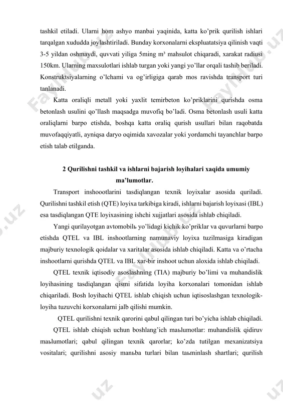 digan majburiy texnologik qoidalar va xaritalar asosida ishlab chiqiladi. katta va o’rtacha inshootlarni qurishda qtel va ibl xar-bir inshoot uchun aloxida ishlab chiqiladi. qtel texnik iqtisodiy asoslashning (tia) majburiy bo’limi va muhandislik loyihasining tasdiqlangan qismi sifatida loyiha korxonalari tomonidan ishlab chiqariladi. bosh loyihachi qtel ishlab chiqish uchun iqtisoslashgan texnologik- loyiha tuzuvchi korxonalarni jalb qilishi mumkin. qtel qurilishni texnik qarorini qabul qilingan turi bo’yicha ishlab chiqiladi. qtel ishlab chiqish uchun boshlang’ich maьlumotlar: muhandislik qidiruv maьlumotlari; qabul qilingan texnik qarorlar; ko’zda tutilgan mexanizatsiya vositalari; qurilishni asosiy manьba turlari bilan taьminlash shartlari; qurilish materiallari va konstruktsiyalarni yetkazib berish shartlari; mexnatga oid resurslarni taьminlash shartlari; yotoqlarni mavjudligi va boshqalar. qtel tuzilmasiga; qurilishning kalendar rejasi; unda asosiy va yordamchi bino va inshootlarning qurilish ketma-ketligi va muddati aniqlanadi, kiritilgan mablag’lar va qurilish – yig’ish ish xajmlarining inshoot qismlaridan va vaqt bo’yicha taqsimlanishi; tashkil qilish texnologik sxemalari; asosiy va qo’shimcha ishlar vedomosti; qurilish materiallari va konstruktsiyalarini qurilish …