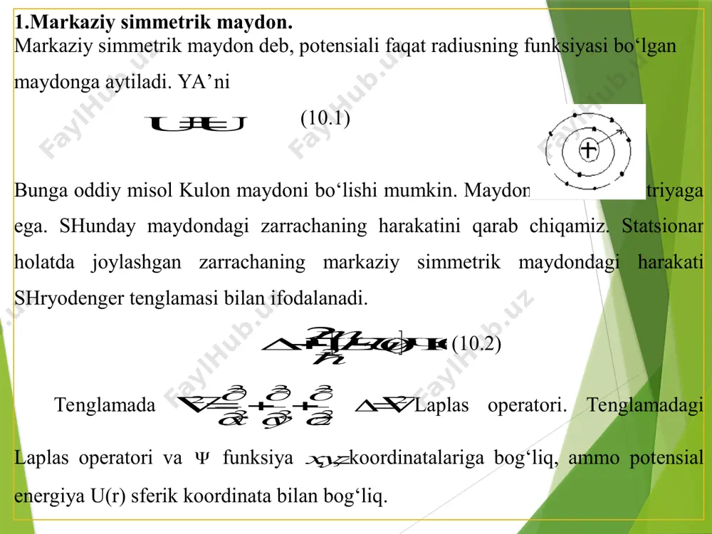 di. ii. 0r bo‘lgan holni qaraymiz: (10.10) differensial tenglamani echimini  r darajali funksiya ko‘rinishida izlaymiz va darajali qatorga yoyib,  1e va  1e qiymatlarga tegishli funksiyani yozamiz. u holda       n n e e n n e rararaarcrararaarcr ....... 2 210 1 2 1 2 210 1 1      (10.15) funksiyaning radial qismini olsak        n e n e aaaarcaaaarcrr ...... 210 1 2210 1 1   (10.16) ,..2,1,0e qiymatlarida 01 1  e r nolga yaqinlashadi. shuning uchun bu hadni tashlab yozamiz.    n e aaarcrr ... 10 1 1   (10.17) zarrachaning topilish ehtimoliyati xuddi (10.14) dagi kabi   0 2  drrrdrrw (10.18) (10.18) shuni ko‘rsatadiki, 0r bo‘lganda ham yadro joylashgan nuqtada ham zarrachaning topilish ehtimoliyati noldan farqli qiymatga ega bo‘lar ekan. demak, elektron berilgan …