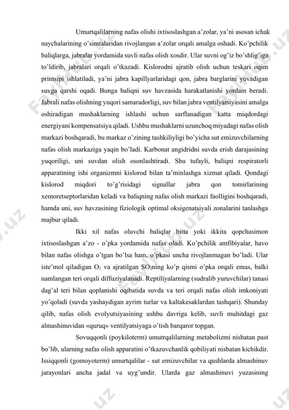 lishni boshqarish mexanizmi sezilarli darajada o’zgaradi. qushlar o’pkasidagi havo va qon o’rtasidagi gazlar almashinuvi, havo kapillyarlari deb nomlangan «tsilindrsimon alveolalarda», bronxlarning oqava tizimida amalga oshadi. bu tizim shunday tuzilganki, unda o’pka, bir nechta havo qopchalari yordamida nafas olish va chiqarish paytida ham toza havo bilan ventilyatsiya qilinadi. nafas olishning bunday tipi qushlar o’rtasidagi gazlar almashinuviga yuqori samara beradi, u energiyani jadal sarflanishini, ayniqsa, uchish paytida qoplash uchun muhim ahamiyatga ega nafas olish akti. odam va sut emizuvchi hayvonlarda gaz almashinuvi uchun zarur bo’lgan alveolalar ventilyatsiyasi, nafas olish (inspiratsiya) va nafas chiqarish (ekspiratsiya) ning navbat bilan o’tishi oqibatida amalga oshadi. nafas olish paytida alveolalarga kislorod bilan to’yingan atmosfera havosi kelib tushadi, nafas chiqarish paytida esa atrof-muhitga, kislorodi kam bo’lgan, lekin karbonat angidridga boy bo’lgan havo chiqib ketadi. nafas olish va chiqarish paytida havoning harakatlanishi ko’krak qafasi hajmini ketma-ket kattalashishi va kamayishi bilan belgilanadi. ko’krak qafasining kengayishini chaqiruvchi ikkita mexanizm mavjud: 1) …