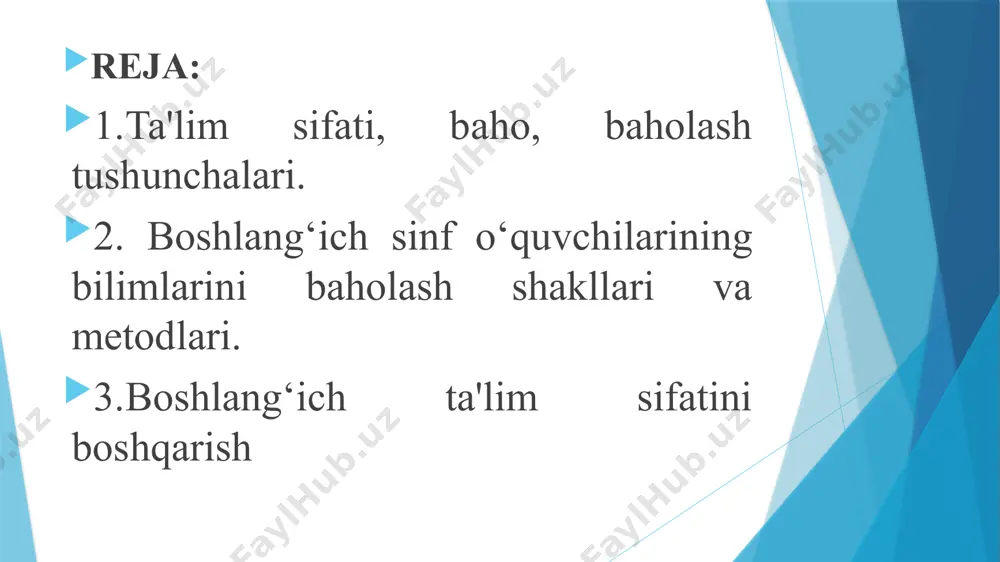 r bir darsda quyidagi savollar haqida o‘ylash juda muhimdir: - o‘quvchilar o‘tilgan materialni qanchalik yaxshi tushundilar? ͳ buni qanday tekshirishim mumkin? - o‘quvchilar uchun qanday qiyinchilik tug‘dirdi? va nima uchun? - agar topshiriq qiyinchilik tug‘dirgan bo‘lsa, o‘qitish uslubida nimani o‘zgartirish kerak? agar o‘qituvchi ushbu savollar haqida o‘ylamasa, u holda dars rejalarini tuzish, dars davomida ijobiy muhit yaratish, ta’lim standartlariga rioya qilish va hisobga olish, o‘quv rejasiga muvofiq o‘qitish ijobiy natija bermaydi o‘quvchilar faoliyatining bir necha yo‘nalishlari mavjud: - o‘quv maqsadlari, kutilayotgan natijalarni tushunish; - baholash mezonlari bo‘yicha o‘quvchilarning bilimi va tushunchasi; - o‘qituvchi tomonidan o‘qitish usullarini to‘g‘ri tanlash. har bir talaba tomonidan o‘quv maqsadlari, har bir aniq darsning kutilgan natijalarini anglash darsning maqsadini tushunish har bir o‘quvchiga faol ishtirokchi bo‘lishiga imkon beradi. kutilayotgan natijalarni shakllantirish o‘quvchilar uchun tushunarli bo‘lishi kerak va ularni bu jarayonga bosqichma-bosqich jalb qilish tavsiya etiladi. kutilayotgan natijalar ro‘yxati doskada joylashtirilgan, shunda dars davomida o‘qituvchi va o‘quvchilar …