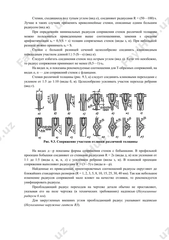 д л). если это неизбежно, то радиус сопряжения принимают не менее (0,5—1)·s0. на видах м, н показаны рекомендуемые соотношения для т-образных сопряжений, на видах о, п — для сопряжений стенок с фланцами. стенки различной толщины (рис. 9.3, а) следует соединять клиновыми переходами с уклоном от 1:5 до 1:10 (виды б, в). целесообразно усиливать участок перехода ребрами (вид г). рис. 9.3. сопряжение участков отливки различной толщины на видах д—р показаны формы сопряжения стенок с бобышками. в профильной проекции бобышки соединяют со стенками радиусами r = 2s (виды д, и) или уклонами от 1:1 до 1:5 (виды е, ж, к, л) с усилением ребрами (вилы з, м). в плановой проекции сопряжения выполняют радиусами r = (3—5)·s (виды н—р). найденные из приведенных ориентировочных соотношений радиусы округляют до ближайших стандартных размеров (r = 1, 2, 3, 5, 8, 10, 15, 25, 30, 40 мм). так как небольшое изменение радиусов сопряжений мало влияет на качество …