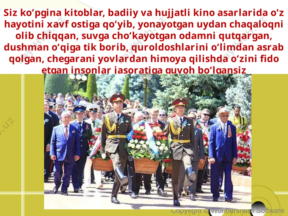 shilar bo‘lmasa, na jamiyat, na davlat, na insoniyat rivojlanadi, ravnaq topadi. copyright © wondershare software xx asr boshlarida xalqimiz maorifi va madaniyatini yuksaltirish, iqtisodiy hamda siyosiy hayotini bosqinchilar izmidan ozod qilish yo‘lida bemisl fidoyilik ko‘rsatgan mahmudxo‘ja behbudiy, abdulla avloniy, fitrat, xoji muin, abdulla qodiriy, cho‘lpon, nihoniy singari ijodkorlarning ibratli faoliyati bilan tanishgansiz. cho‘lpon mahmudxo‘ja behbudiy copyright © wondershare software ular aziz jonlarini tahlikaga qo‘yib, shundoq ham oshib-toshib ketmagan shaxsiy mol-mulkini sarflab, yurt bolalari uchun yangi usulda ta’lim beradigan maktablar, qiroatxonalar, teatr truppalari, gazeta va jurnallar tashkil qilgan. copyright © wondershare software bugungi kunda mamlakatimizning tobora rivojlanishi, iqtisodiy qudrati ortib borishiga munosib hissa qo‘shayotgan, minglab korxonalar, muassasalar, xo‘jaliklarda halol mehnat qilib rizq-ro‘z yaratayotgan millionlab yurtdoshlarimiz – ota-onalarimiz, aka va opalarimiz bor. copyright © wondershare software prezidentimiz «yuksak ma’naviyat – yengilmas kuch» kitobida chinakam ma’naviy jasorat egalari sifatida uch nafar vatandoshimiz faoliyatiga alohida to‘xtalib o‘tadi. ular – mashhur arxeolog olim, akademik yahyo …