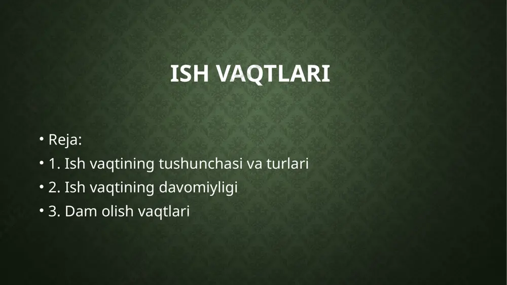 yoshga to‘lmagan xodimlarga (ushbu kodeksning 415-moddasi); i va ii guruh nogironligi bo‘lgan xodimlarga (ushbu kodeks 427-moddasining birinchi qismi); noqulay mehnat sharoitlaridagi ishlarda band bo‘lgan xodimlarga (ushbu kodeksning 477-moddasi); ishi yuqori darajadagi ruhiy, aqliy, asabiy zo‘riqish bilan bog‘liq bo‘lgan tibbiyot xodimlariga, pedagoglarga va boshqa toifadagi xodimlarga (ushbu kodeksning 184-moddasi); uch yoshgacha bo‘lgan bolaning budjetdan moliyalashtiriladigan tashkilotlarda ishlaydigan ota-onasidan biriga (vasiysiga) (ushbu kodeks 397-moddasining birinchi qismi). har kungi ishning (smenaning) davomiyligi har kungi ishning (smenaning) davomiyligi: a) o‘ziga nisbatan ish vaqtining normal davomiyligi belgilangan xodimlar uchun: olti kunlik ish haftasida — yetti soatdan; besh kunlik ish haftasida — sakkiz soatdan; b) o‘n sakkiz yoshgacha bo‘lgan xodimlar uchun — ushbu kodeksning 416-moddasida belgilangan davomiylikdan; v) nogironligi bo‘lgan xodimlar uchun — ushbu kodeks 427-moddasining ikkinchi qismida belgilangan davomiylikdan; g) noqulay mehnat sharoitlaridagi ishlarda band bo‘lgan xodimlar uchun — ushbu kodeksning 478-moddasida belgilangan davomiylikdan oshishi mumkin emas. madaniy-tomosha tashkilotlarining, televideniye, radioeshittirish tashkilotlarining va boshqa ommaviy …
