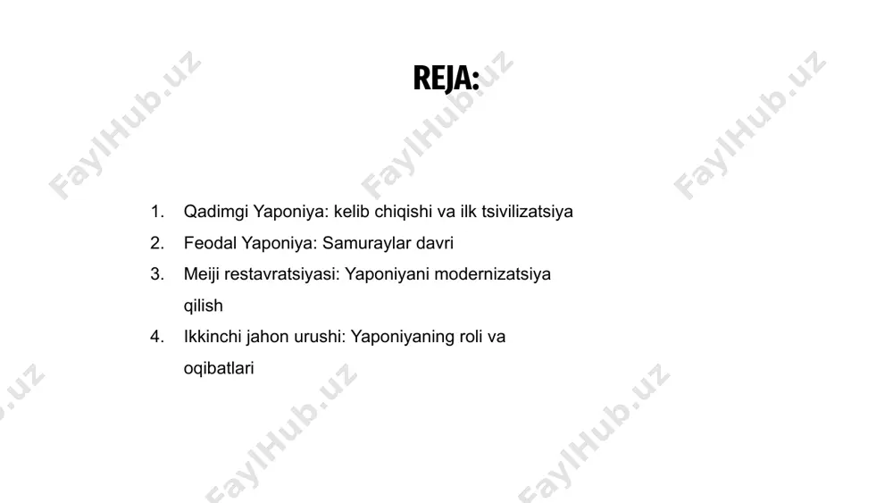 uzilmalari modernizatsiya qilindi. 01 imperator meydzi yaponiyani zamonaviy davrga olib kirish uchun g'arb g'oyalari va texnologiyalarini o'zlashtirgan holda, bu o'zgarishlarda hal qiluvchi rol o'ynadi. qayta tiklash, shuningdek, yaponiyani tez sanoatlashtirish va harbiylashtirishga olib keldi. 03 meydzi qayta tiklanishi yaponiyaning 20-asrda yirik jahon davlati sifatida paydo boʻlishiga asos soldi. bu mamlakatning texnologiya, innovatsiyalar va modernizatsiya sohasida jahon yetakchisiga aylanishi uchun zamin yaratdi. 02 ikkinchi jahon urushi: yaponiyaning roli va oqibatlari yaponiya ikkinchi jahon urushida eksa kuchlari bilan birlashish va turli mamlakatlarga kutilmagan hujumlar uyushtirish orqali muhim rol o'ynadi. urushdagi magʻlubiyatidan soʻng yaponiya ittifoqchi kuchlar tomonidan bosib olindi va general makartur boshchiligida katta oʻzgarishlar yuz berdi. ikkinchi jahon urushidan keyingi yaponiya demokratlashtirish, iqtisodiy o'sish va pasifist konstitutsiyaning shakllanishini o'z ichiga oladi. osiyoda yapon imperializmi 19-asr oxirida boshlangan. osiyodagi yapon imperializmi yaponiyaning imperatorlik ambitsiyalari 1895 va 1910 yillarda tayvan va koreyaning anneksiya qilinishiga olib keldi. 1931 yilda manchuriyaga bostirib kirish yaponiya agressiyasining mintaqadagi …