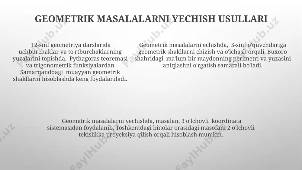 i segmentlardan tashkil topgan tekis geometrik figuralar bo'lib, ularning har biri faqat ikkita qo'shni segment bilan bog'langan, masalan, uchburchak (3 tomonli), to'rtburchak (4 tomonli) kabi samarqanddagi madrasalar me'morchiliginida ko'p uchraydi. muntazam ko'pburchaklar barcha tomonlari va burchaklari o'zaro teng bo'lgan ko'pburchaklardir. masalan, muntazam oltiburchakda 6 ta teng tomon va 6 ta 120° lik burchak mavjud bo'lib, farg'ona vodiysidagi naqshbandlarning bezaklarida keng qo'llaniladi. to'rtburchaklar: turlari va xossalari to'rtburchakning perimetri uning to'rt tomonining uzunliklari yig'indisiga teng. masalan, tomonlari 5 va 7 sm bo'lgan to'rtburchakning perimetri (5+7) x 2 = 24 sm ni tashkil etadi. bu misol toshkentdagi maktablar geometriya mashg'ulotlarida qo'llaniladi. to'rtburchakning to'rtta to'g'ri burchagi (har biri 90°) va ikkita diagonali bor, ularning kesishish nuqtasi diagonallarni teng ikkiga bo'ladi. bu xususiyatni 10-sinf geometriya darsliklarida topish mumkin. to'rtburchak shakllarning 2 ta qo'shni tomoni 90 gradus burchak hosil qilishi va qarama-qarshi tomonlari teng uzunlikda bo'lishi, masalan, samarqanddagi tarixiy binolarning ko'pgina oynalarida kuzatiladigan asosiy xususiyatdir. e'tiboringiz …