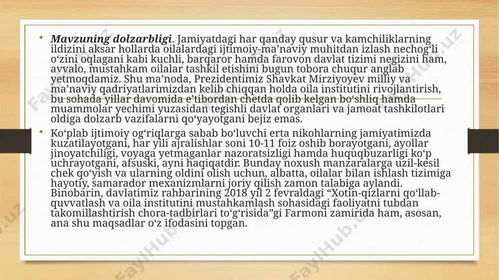 si esa davlat hamda jamoat tashkilotlari, parlament, siyosiy partiyalar, ommaviy axborot vositalari va fuqarolik jamiyatining boshqa institutlarini o‘zbekiston oilalarini mustahkamlash yagona g‘oyasi atrofida birlashtirish, bu borada samarali davlat siyosatini yuritish, mamlakatda faqat sog‘lom oila sog‘lom jamiyat ustuni bo‘lishi to‘g‘risidagi tushunchani aholi ongiga singdirishdan iboratdir. tadqiqotning maqsadi: mamlakatimizda oilalarni ijtimoiy, iqtisodiy qo‘llab-quvvatlash va farovonligini oshirishga mas’ul barcha vazirlik va idoralarning “mahallabay”, “xonadonbay” ish olib borish tizimi joriy etildi va ushbu noyob tizim amalda o‘zining ijobiy natijalarini ko‘rsatmoqda. shu bilan birga, oilalarga ijtimoiy xizmatlar ko‘rsatishni manzilli va tizimli yo‘lga qo‘yish bo‘yicha yangi tizim joriy etish. tadqiqotning maqsadi: mamlakatimizda oilalarni ijtimoiy, iqtisodiy qo‘llab-quvvatlash va farovonligini oshirishga mas’ul barcha vazirlik va idoralarning “mahallabay”, “xonadonbay” ish olib borish tizimi joriy etildi va ushbu noyob tizim amalda o‘zining ijobiy natijalarini ko‘rsatmoqda. shu bilan birga, oilalarga ijtimoiy xizmatlar ko‘rsatishni manzilli va tizimli yo‘lga qo‘yish bo‘yicha yangi tizim joriy etish. tadqiqotning vazifalari: oila institutini mustahkamlashning huquqiy asoslarini takomillashtirish; …