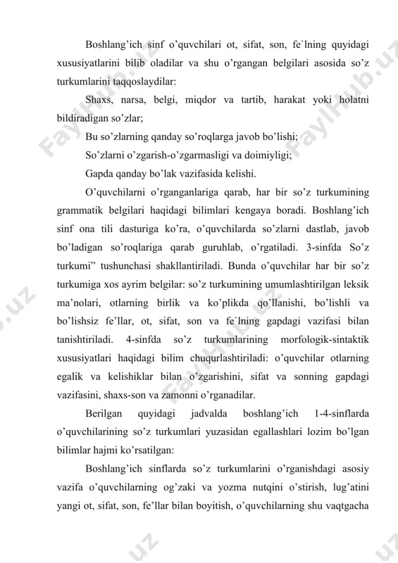 a javob bo’lishi; so’zlarni o’zgarish-o’zgarmasligi va doimiyligi; gapda qanday bo’lak vazifasida kelishi. o’quvchilarni o’rganganlariga qarab, har bir so’z turkumining grammatik belgilari haqidagi bilimlari kengaya boradi. boshlang’ich sinf ona tili dasturiga ko’ra, o’quvchilarda so’zlarni dastlab, javob bo’ladigan so’roqlariga qarab guruhlab, o’rgatiladi. 3-sinfda so’z turkumi” tushunchasi shakllantiriladi. bunda o’quvchilar har bir so’z turkumiga xos ayrim belgilar: so’z turkumining umumlashtirilgan leksik ma’nolari, otlarning birlik va ko’plikda qo’llanishi, bo’lishli va bo’lishsiz fe’llar, ot, sifat, son va fe`lning gapdagi vazifasi bilan tanishtiriladi. 4-sinfda so’z turkumlarining morfologik-sintaktik xususiyatlari haqidagi bilim chuqurlashtiriladi: o’quvchilar otlarning egalik va kelishiklar bilan o’zgarishini, sifat va sonning gapdagi vazifasini, shaxs-son va zamonni o’rganadilar. berilgan quyidagi jadvalda boshlang’ich 1-4-sinflarda o’quvchilarining so’z turkumlari yuzasidan egallashlari lozim bo’lgan bilimlar hajmi ko’rsatilgan: boshlang’ich sinflarda so’z turkumlarini o’rganishdagi asosiy vazifa o’quvchilarning og’zaki va yozma nutqini o’stirish, lug’atini yangi ot, sifat, son, fe’llar bilan boyitish, o’quvchilarning shu vaqtgacha foydalanib kelgan so’zlarining ma’nosini aniq tushunishiga erishish, bog’lanishli nutqda so’zlardan …