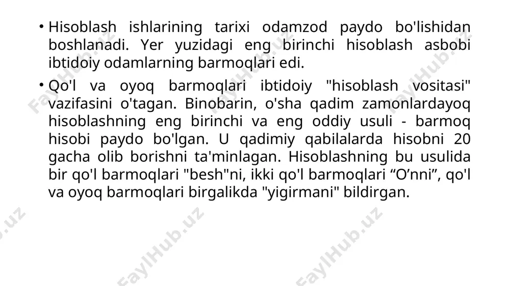 la olish qobiliyati», «anglash qobiliyati» kabi qisqa va londa ta'riflaridan tashqari, «bilish, idrok qilish va tahlil asosida, hamda, yigilgan tajriba hamda konikmalar vositasida yangi vaziyatlarga moslasha olish» kabi uzundan uzoq ta'riflari ham bor. ilmiy atama holidagi «sun'iy intellekt» tushunchasi esa ilk bora 1956 yilda, stenford universitetida otkazilgan ilmiy anjumanda inglizcha «artificial intelligence» (ai) tarzida ilm- fanga taklif qilingan edi. shundan buyon mazkur tushuncha ilmiy jamoatchilik orasida mustahkam ornashib qoldi. kompyuter turlari va uning qismlari kompyuter – inglizcha so`z bo`lib, u hisoblovchi demakdir. garchand u hozirda faqat hisoblovchi bo`lmasdan, matnlar, tovush, video va boshqa ma’lumotlar ustida ham amallar bajaradi. shunga qaramasdan hozirda uning eski nomi – kompyuter saqlangan. uning asosiy vazifasi turli ma’lumotlarni qayta ishlashdan iborat. avallo shuni aytish lozimki, ko`pchilikning tushunchasida go`yoki biz kundalikda foydalanadigan faqat shaxsiy kompyuter bor xolos. bunga albatta sabablar ko`p. shulardan biri hozirgi zamon shaxsiy kompyuterlari ilgari universal deb hisoblangan kompyuterlardan tezligi va xotira hajmi jihatidan …