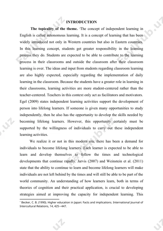 rs in this context only act as facilitators and motivators. [1: becker, c. b. (1990). higher education in japan: facts and implications. international journal of intercultural relations, 14, 425−447. ] egel (2009) states independent learning activities support the development of person into lifelong learners. if someone is given many opportunities to study independently, then he also has the opportunity to develop the skills needed by becoming lifelong learners. however, this opportunity certainly must be supported by the willingness of individuals to carry out these independent learning activities. we realize it or not in this modern era, there has been a demand for individuals to become lifelong learners. each learner is expected to be able to learn and develop themselves to follow the times and technological developments that continue rapidly. jarvis (2007) and weinstein et al. (2011) state that the ability to continue to learn and become lifelong learners will make …