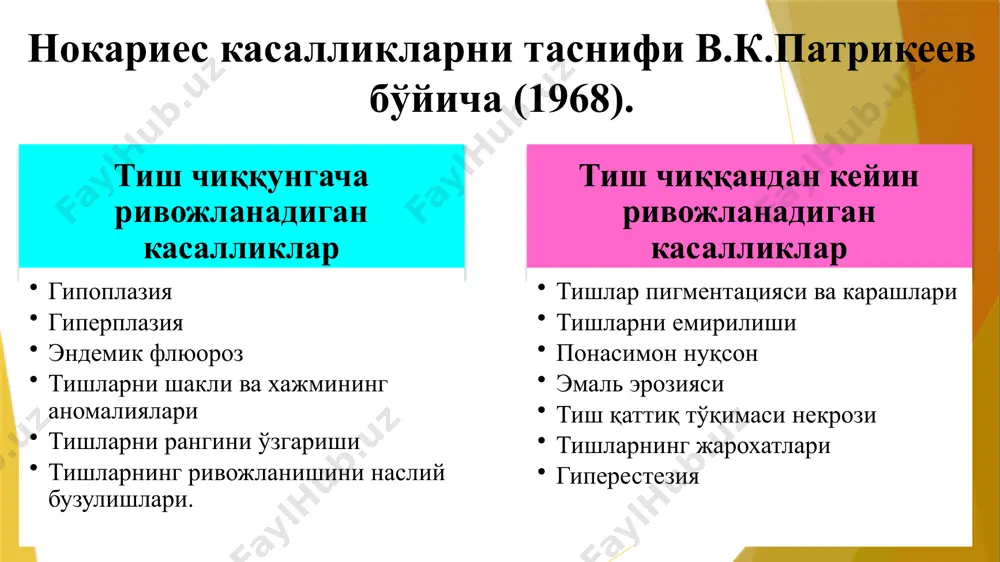 аланг жойлашган эгат кўринишида намоён бўлади. улар зарарланмаган тиш эмали билан навбатма-навбат жойлашади. бу турни нарвонсимон деб хам номлашади. эмални йўқлиги – аплазия. тишнинг айрим сохаларида – кўпинча, тиш тожини ушлаб турувчи эгатда ёки пиеласимон кемтик тубида эмальнинг йўқлиги аниқланади. шикояти: турли таъсуротлардан тез ўтиб кетувчи оғриқ. гистологик текширганда: призмалараро бўшлиқ кенгайган, ретциус чизиқлари кенгайган, призма чегаралари аниқлигини йўқотади. ўзгаришлар даражаси жараённинг оғирлигига боғлиқ бўлади. нуқтасимон ботиқлар шаклида дентинда яққол ўзгаришлар кечади: интерглобуляр бўшлиқлар зонаси ортади, ўринбосар дентинни ҳосил бўлиш жадаллиги ортади. пульпада хужайра элементларининг сони камаяди, асаб толаларида дегенератив ўзгаришлар аниқланади. электрон-микроскопик текширувда: эмалда призмалар кенглиги, гидроксиаппатит кристалларининг йўналишини ўзгариши, дентин каналчаларининг структурасининг ўзгариши кузатилади. фурнье тишлари пфлюгер тишлари гетчинсон тишлари гетчинсон тишлари юқори марказий курак тишларнинг тож қисми отвертка ёки бочкасимон (тожнинг бўйин сохаси кесув қиррадан катта бўлади) шаклда бўлади. кесув қирра яримойсимон кўринишда бўлади. фурнье тишлари марказий курак тишларнинг тож қисми отверткасимон кўринишда бўлиб, кесув қиррасида яримойсимон …