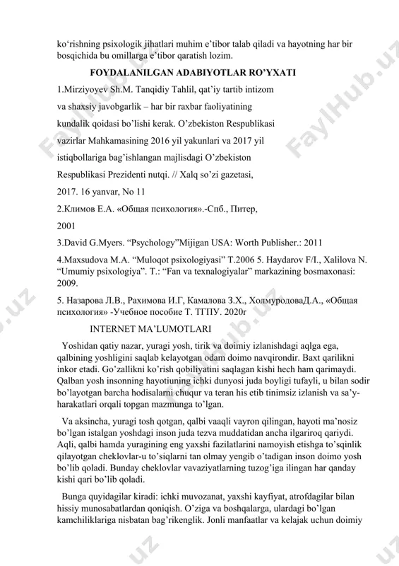 ifodalandi, lekin uning psixologik, ijtimoiy-psixologak omillari, manbalari va mexanizmlari ham mavjuddir. umuman aytganda, insonning umrini uzaytirish uchun shaxslararo yaxshi munosabat, shirin muomala, samimiy muloqot, oilaviy totuvlik, asab sistemasini asrash, barqaror his-tuyg‘u, hamdardlik, psixik faollik, irodaviy tetiklik bo‘lishi zarur. xulosa uzoq umr ko‘rishning psixologik xususiyatlari inson hayotining sog‘lom va farovon o‘tishida muhim rol o‘ynaydi. uzoq umr ko‘rish nafaqat jismoniy sog‘liqni, balki psixologik farovonlikni ham talab etadi. psixologik barqarorlik, stressni boshqarish, emotsional barqarorlik, optimizm, va ijtimoiy qo‘llab-quvvatlash kabi omillar uzoq umrni ta’minlashda asosiy ahamiyatga ega. hissiy qo‘llab-quvvatlash, ijtimoiy aloqalar va pozitif fikrlash insonning ruhiy holatini yaxshilab, uning umumiy salomatligiga ijobiy ta’sir ko‘rsatadi. shuningdek, faol hayot tarzini davom ettirish, tabiat bilan aloqaning o‘rni, va o‘z-o‘zini qadrlash ham uzoq umrga ta’sir etuvchi muhim psixologik faktorlar sifatida namoyon bo‘ladi. uzoq umr ko‘rish nafaqat jismoniy holatni, balki insonning ichki dunyosini ham ifodalaydi. psixologik sog‘likni saqlash va rivojlantirish insonni nafaqat uzoq umrga, balki baxtli va mazmunli hayotga …