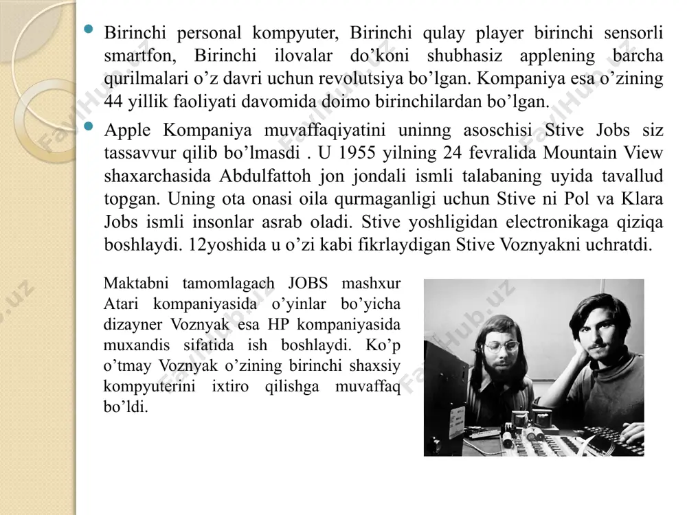 shlab chiqaradi. bu kompyuter zamonaaviy korinishga ega bo’lib unda osha vaqtdagi eng so’nggi texnologilar qollanilgan. shuningdek kompyuterdagi rangli grafika bilan ishlash imkoniyat uning savdosini aqlbovar qilmas darajaga ko’tardi . umumiy xisobda apple 2 5mln nusxada sotilib 80yillarda eng ko’p sotilgan personal kompyuterga aylangan. 1983yilning boshida stive jobs kompaniya muammolarining hammasini o’zi hal qila olmasligini tushunib osha vaqtdagi pepsi kompaniyasining bosh direktori jon skallini apple kompaniyasiga bosh director etib tayinlaydi. jon skalli kelishi bilan foydani oshirish uchun yangi qurilmalarni loyihalashtirishga to’sqinlik qildi. bu ko’rinishga makintosh ustida ish olib borayotgan stive norozilik bildiradi. tabiyki bu xolat jon va stive orasida kelishmovchilikni keltirib chiqardi. shunda jon skalli kompaniyaning yirik aksiyadorlari bilan til biriktirib jobsni kompaniyadan chetlatdi. 1989 yilda kompaniya o’zining apple 3 kompyuterini taqdim etadi. ammo ushbu maxsulotning bozori yaxshi bo’lmaydi. jobs ketgandan so’ng kompaniya inqirozga uchray boshlaydi. yangi loyihalarga kamroq pul ajratilgani bois kompaniya faqat eski apple2 va macintosh kompyuterlarini savdosi bilan …