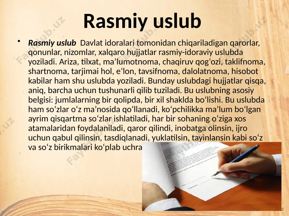 yinlash, saylash,ozod etish, ratifi kasiya qilish, ta’sis etish, amalga oshirish singari fe’lli birikmalar ishlatilgan. shu o‘rinda rasmiy uslubda yozilgan matnlar uchun barcha morfologik vositalar va kategoriyalarning qo‘ llanilishi bir xil darajada emasligini ta’kidlash ham maqsadga muvofiq. masalan, sonlar va olmoshlar bu uslubda boshqa so‘z turkumlariga qaraganda ikkinchi darajali omil hisoblanadi. rasmiy uslubning sintaktik alomatlari ham matnda darhol ko‘zga tashlanadi. unda darak gaplar, uning ayniqsa qo‘shma gap shakli ko‘p ishlatiladi. yoyiq va murakkab so‘z birikmalari mahsuldor hisoblanadi, murakkab tipdagi nomlar keng qo‘llaniladi. gap tuzilishida o‘zbek tilidagi odatdagi me’yorga amal qilinadi va yuqorida sanalgan jihatlari bilan ilmiy uslubga o‘xshab ketadi. e’tboringiz uchun raxmat image2.png image3.jpeg image4.png image5.jpeg image6.jpeg image7.jpeg image8.jpeg image9.png image10.png image11.png image12.png image13.png image14.png image1.jpeg /docprops/thumbnail.jpeg