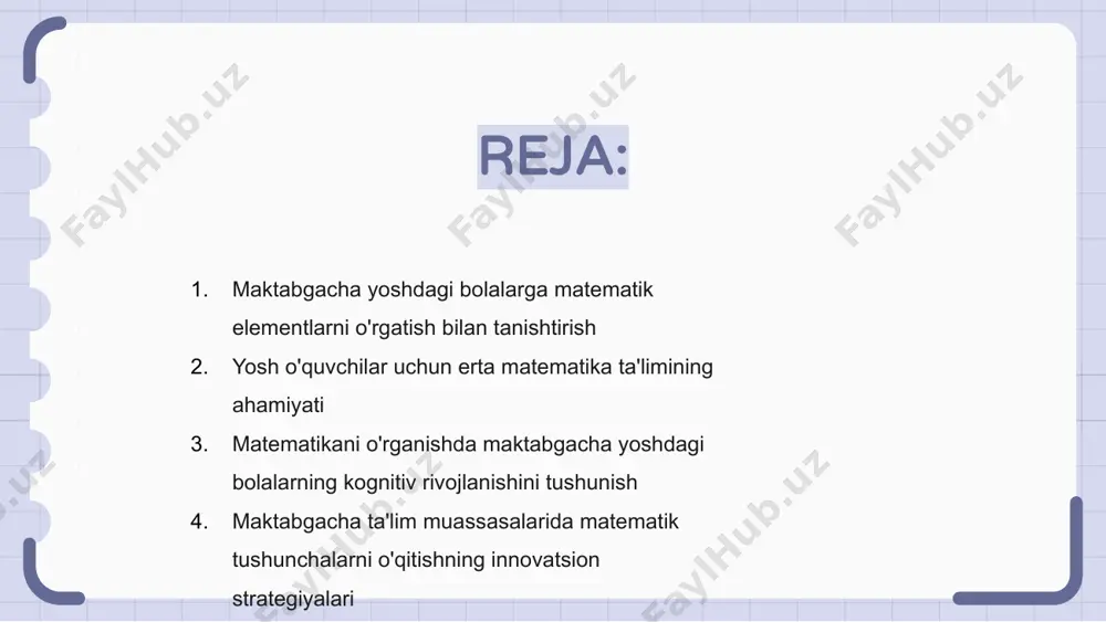 uchun matematikani o'rganishni yaxshilaydi. ularning tadqiqotlari maktabgacha yoshdagi bolalar qanday qilib hisoblash ko'nikmalariga ega bo'lishlari va muammolarni hal qilish qobiliyatlarini rivojlantirishga qaratilgan. ushbu bilim o'qituvchilarga matematikadan erta ta'lim olish uchun samarali o'qitish strategiyalarini yaratishga yordam beradi. tixiyeva va blicher o‘z ishlari orqali yosh ongni shakllantirish va ularni kelajakdagi akademik muvaffaqiyatlarga tayyorlashda erta matematika ta’limining ahamiyatini yoritib berishdi. maktabgacha ta'lim muassasalarida matematik tushunchalarni o'qitishning innovatsion strategiyalari y. i. tixiyeva va f. n. blicher tomonidan maktabgacha yoshdagi bolalarga matematik tushunchalarni kiritish uchun innovatsion o'qitish strategiyalari bilan tanishing. amaliy mashg‘ulotlar va interfaol darslar orqali matematikani yosh o‘quvchilar uchun qanday qiziqarli va tushunarli qilish mumkinligini bilib oling. erta matematika ta'limining ahamiyatini va u bolalarning kelajakdagi akademik muvaffaqiyati uchun qanday mustahkam poydevor qo'yishini o'rganing. o'yinga asoslangan mashg'ulotlar orqali matematikada mustahkam poydevor yaratish slaydda 'y. i. tixiyeva f. n. blixer maktabgacha yoshdagi bolalarni matematik elementlarga o‘rgatish” mavzusida o‘yinga asoslangan mashg‘ulotlar orqali matematikada mustahkam poydevor yaratish muhimligini …