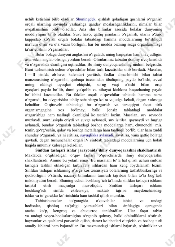 oiy ongning shakli bo‘lib, uning kelib chiqish sababining asosini insonning o‘zini qurshab turgan olamdan ajralib qarashga ojizligi tashkil etadi. shuning uchun ham mifologik dunyoqarashda jamiyat bilan tabiat, jonli bilan jonsiz narsalar bir xil tarzda ifodalanadi. diniy dunyoqarashning o‘ziga xos xususiyati shundaki, u tabiiy va ijtimoiy hodisalar mohiyatini ularning o‘zidan emas, balki xudoning qudrati bilan tushuntiradi. u hamma narsada va har qayerda ilohiy kuchlarning ta’siri, mo‘jizaviy kuchi bor, deb uqtiradi. diniy dunyoqarashning mohiyati dindorlar uchun muqaddas bo‘lib hisoblangan adabiyotlarda o‘z aksini topgan. falsafiy dunyoqarash — bu olam haqidagi yaxlit va sistemalashtirilgan bilimlar yig‘indisidir. mifologik va diniy dunyoqarash hissiy a’zolarimiz orqali erishilgan ma’lumotlar asosida shakllansa, falsafiy dunyoqarash hissiy va aqliy a’zolarimiz tufayli ilm-fan yordamida to‘plangan bilimlar yig‘indisidir. ta’lim jarayonida ilmiy dunyoqarashni shakllantirish. yosh avlodda ilmiy dunyoqarashni shakllantirish hamma davrlarda millatning ilg‘or kishilari diqqat markazida bo‘lgan. ilmiy dunyoqarash ijtimoiy tarixiy hodisa sifatida doim vorislik asosida rivojlanadi. o‘tmish dunyoqarashlari yangi davr dunyoqarashining ildizini tashkil …