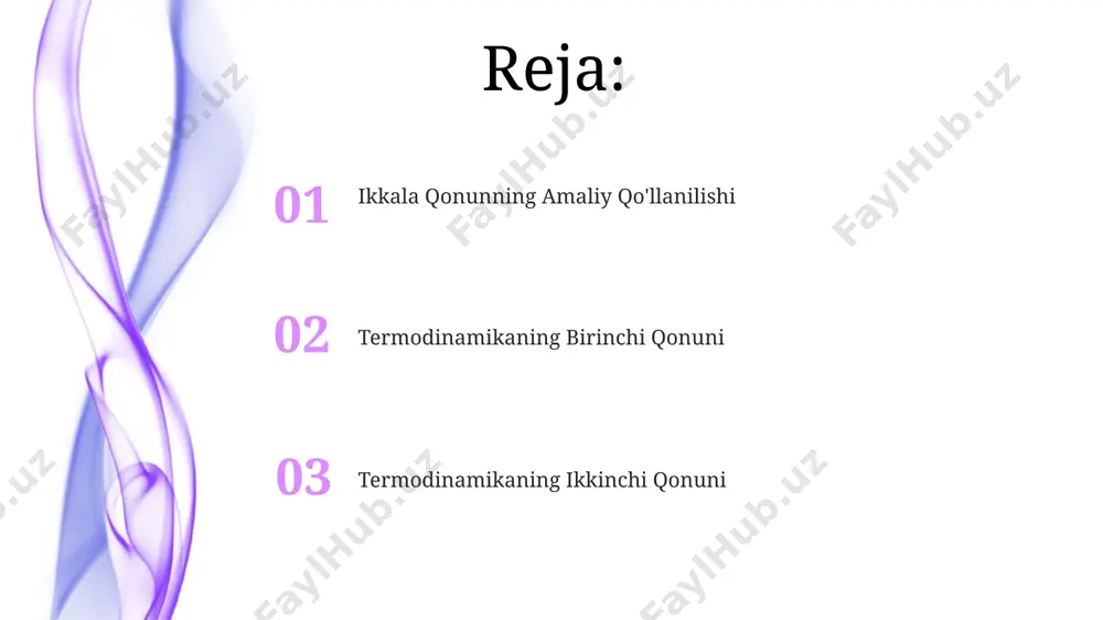 dan 20°c gacha erishi va isishi jarayoni toshkent shahrida o'tkazilsa, bu jarayon qaytmas jarayon bo'lib, uning entropiyasi ortishi kuzatiladi. qaytmas jarayonlar misoli sifatida, 1 kg suv 100°c dan 20°c gacha soviganida, uning yo'qotadigan issiqligi atrof muhitga to'liq berilmaydi, bir qismi ichki energiya sifatida qoladi, bu esa jarayonning qaytmasligini ko'rsatadi. termodinamikaning birinchi qonunining amaliy qo'llanilishi termik elektr stansiyalarida (tes), masalan, navoiy tesida, yonilg'ining kimyoviy energiyasi 30% ga yaqin samaradorlik bilan elektr energiyasiga aylantiriladi, qolgan qismi issiqlik sifatida yo'qoladi, birinchi termodinamika qonunining energiya saqlanishini aks ettiradi. uy sovutgichlarida, +5°c dan -18°c gacha sovutish jarayonida, kompressor 100 vt atrofida energiya sarflaydi, bu energiya miqdori issiqlik almashinuvi orqali tashqariga chiqariladi va birinchi qonunga mos keladi. termodinamikaning birinchi va ikkinchi qonunlarining o'zaro aloqasi termodinamikaning birinchi qonuni (energiyaning saqlanish qonuni) ikkinchi qonunining (entropiyaning oshishi) chegaralarini belgilaydi, masalan, 100% samaradorlikdagi issiqlik mashinasini yaratish imkonsizligini ko'rsatadi, chunki bu carnot siklining chegaralaridan tashqarida. ikkinchi qonun, 273 k dan past …