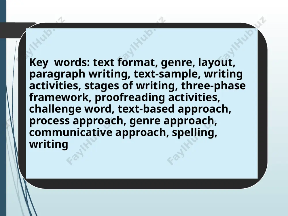 ; 4) communicative approach. 1.text-based approach/the product approach the approach to teaching writing is oriented on the creation of a text as a product. the basis of this approach is explanation of the rules of using language units and features of discourse models. technology of teaching is aimed at developing the language and rhetorical subskills. 1.text-based approach/the product approach stresses three features: grammar (rules for verbs, agreements, articles, pronouns, etc), syntax (sentence structure, sentence boundaries, stylistic choice, etc.), mechanics (handwriting, spelling, punctuation, etc.). in text-based approach/the product approach besides, the teacher presents rhetorical models as types of a speech organization: (narration, explanation, reasoning, etc.) for the purpose of teaching development of writing skills. thus, teaching writing is built on the basis of samples of written texts and analysis of their structure and content, and then their formal reproduction follows. 15 the procedure of this approach may be presented as a …
