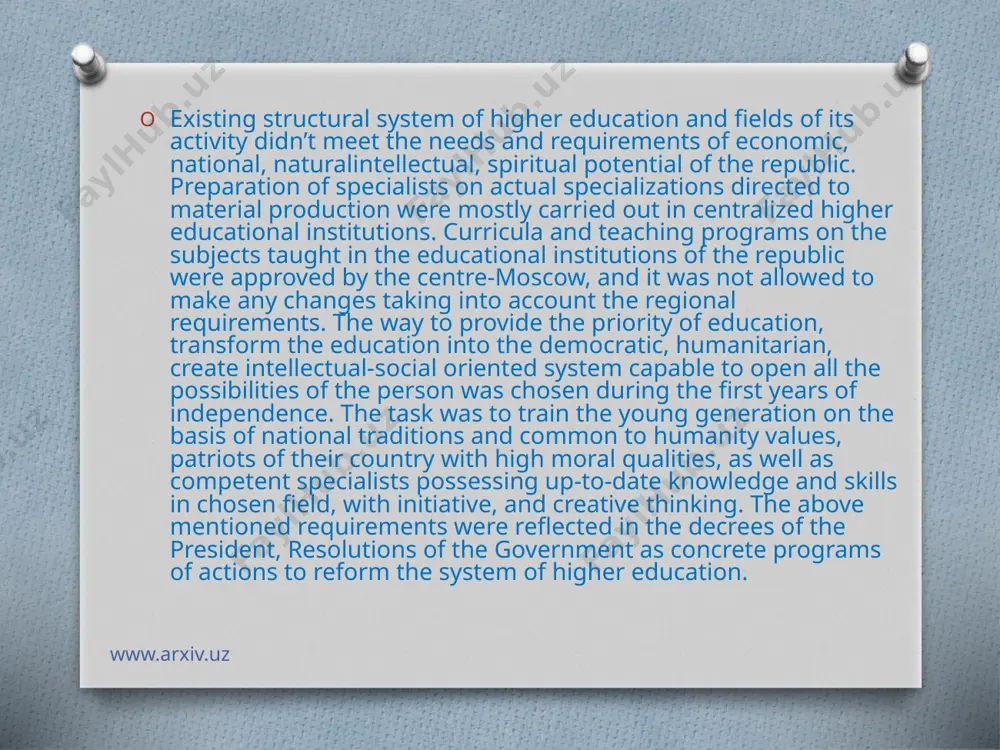 of bachelor’s programme took place in 1996 in the tashkent state university. thirst for science, education, knowledge is in the blood of uzbek people. all the time enlightenment/spiritual sophistication, qualified education and professionalism of uzbek people were, and is remaining today as criteria to evaluate the person and respect to him. on the initiative and active participation of the president of the republic of uzbekistan islam karimov the “national programme for specialist training” was developed and adopted by the oliy majlis (parliament) in 1997. www.arxiv.uz the end thank you for attention www.arxiv.uz image6.png image14.png image15.png image3.png image16.jpeg image17.jpeg image18.gif image19.jpeg image2.png image12.jpeg image13.png