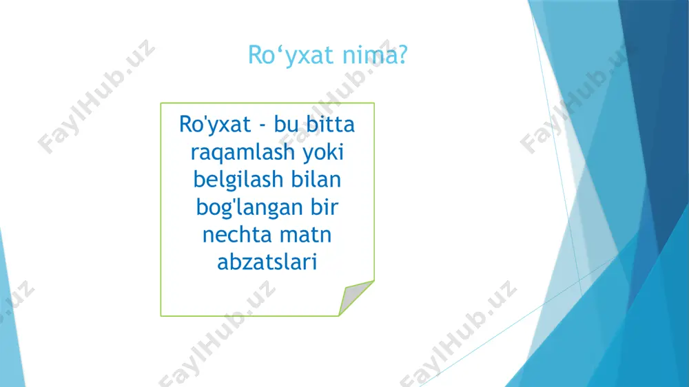 belgilardan hamfoydalanishingiz mumkin. buni belgili ro‘yxatni qanday hosil qilgan bo‘lsangiz, xuddi shu usulda amalga oshirasiz. ushbu jarayonda bullets buyrug‘i o‘rniga numbering buyrug‘i tanlanadi. amaliy mashg’ulot amaliy mashg’ulot muhokama qilamiz? 1. o’q nuqta nima? 2. belgili ro’yxat qanday yaratiladi? 3. hujjatlarda ro'yxatlardan foydalanish? 4. belgilangan va raqamlangan ro‘yxatlarning farqi? 5. hujjatlarda ro‘yxatlar tuzish qoidalari haqida nimalarni bilasiz? 6. marker nima? image1.png image2.png image6.png image7.png image8.png image9.png image10.png /docprops/thumbnail.jpeg