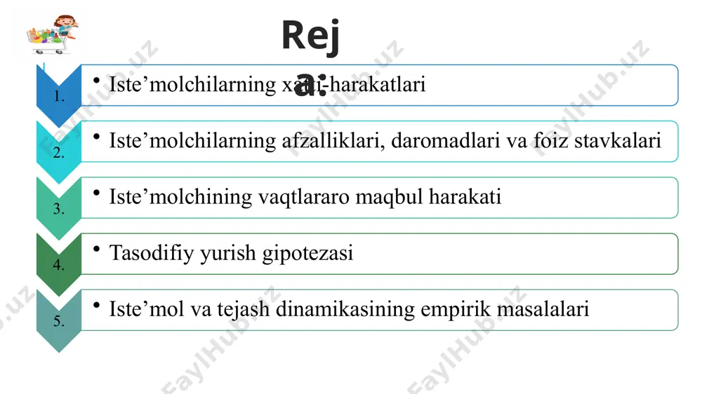 flilik so’nggi qo’shilgan naflilik ko’rsatkichlarini jamlash orqali aniqlanadi. agar iste`molchi manfiy so’nggi qo’shilgan naflilikka ega bo’lsa, u holda yalpi naflilik kamayadi. so’nggi qo’shilgan naflilikning pasayib borish qonunini iste`mol qilingan muzqaymoq misolida ifodalash mumkin. iste`mol qilingan muzqaymoqlar soni so’nggi qo’shilgan naflilik (mu) yalpi naflilik (u) 0 1 2 3 4 5 6 - 4 3 2 1 0 -3 0 4 7 9 10 10 7 iste`molchi tovarlarning turli to’plamini xarid qilishda doimo naflilikni maksimallashtirish qoidasiga amal qiladi. bu qoidaning mazmuni quyidagicha bayon etiladi: iste`molchi o’zining daromadini shunday sarflashi kerakki, daromad to’liq sarflangan holatda tovarni xarid qilishdan olingan so’nggi qo’shilgan naflilikning tovar narxiga nisbati barcha tovarlar uchun bir xil qiymatga ega bo’lishi lozim, ya`ni: bu erda: mu – x va y tovarlarning so’nggi qo’shilgan nafliligi; p – ularning narxi umuman olganda, xaridorning xatti-harakati deganda shaxsning kelib chiqishi, ma'lumoti, shaxsiy e'tiqodlari, maqsadlari, ehtiyojlari, istaklari va boshqalar ta'siriga asoslangan sotib olish odatlari tushuniladi. …