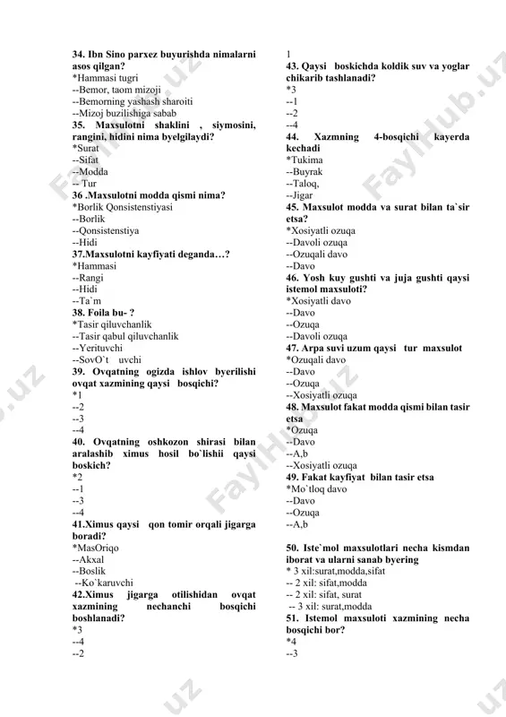 --4 ga --bulinmaydi 32. parxez suzining ma`nosi? *tiymok --bilmok --yemok --ozik-ovqat 33. pevznyer dietologiyasida nima asos qilib olingan? *so`tkalik enyergetik extiyoj --bemor mizoji --taom mizoji --mizoj buzilishidagi sabab 34. ibn sino parxez buyurishda nimalarni asos qilgan? *hammasi tugri --bemor, taom mizoji --bemorning yashash sharoiti --mizoj buzilishiga sabab 35. maxsulotni shaklini , siymosini, rangini, hidini nima byelgilaydi? *surat --sifat --modda -- tur 36 .maxsulotni modda qismi nima? *borlik qonsistenstiyasi --borlik --qonsistenstiya --hidi 37.maxsulotni kayfiyati deganda…? *hammasi --rangi --hidi --ta`m 38. foila bu- ? *tasir qiluvchanlik --tasir qabul qiluvchanlik --yerituvchi --sovo`t uvchi 39. ovqatning ogizda ishlov byerilishi ovqat xazmining qaysi bosqichi? *1 --2 --3 --4 40. ovqatning oshkozon shirasi bilan aralashib ximus hosil bo`lishii qaysi boskich? *2 --1 --3 --4 41.ximus qaysi qon tomir orqali jigarga boradi? *masoriqo --akxal --boslik --ko`karuvchi 42.ximus jigarga otilishidan ovqat xazmining nechanchi bosqichi boshlanadi? *3 --4 --2 1 43. qaysi boskichda koldik suv va yoglar chikarib tashlanadi? …
