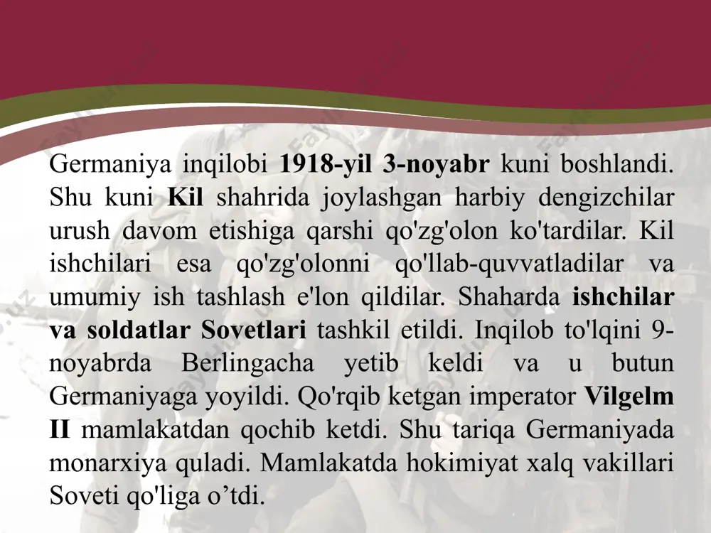 boshchiligidagi maxsus komissiya ishlab chiqqan edi. mazkur reja 1924-yil 16-iyulda londonda bo'lib o'tgan xalqaro konferensiyada qabul qilindi. 1924— 1929-yillar oralig'ida chet davlatlarning germaniyaga bergan qarzlari, kiritgan sarmoyalari 21 mlrd. markani tashkil etdi. aqshning o'zi 10 mlrd. dollarlik sarmoya kiritdi. bu qarz o'z samarasini ko'rsatdi. germaniya iqtisodiy taraqqiyotida katta muvaffaqiyatlarga erishdi va 1927— 1928-yillarga kelib bu davlat sanoat ishlab chiqarish va tashqi savdo hajmi bo'yicha urushdan oldingi darajaga chiqib oldi. 1929-yil esa undan oshib ham ketdi. sanoat taraqqiyotida u buyuk britaniya va fransiyani orqada qoldirdi. 1929-yilda «daues rejasi» «yung rejasi» bilan almashtirildi . 1925-yilda germaniya lokarno shahrida reyn paktini imzolashga erishdi. unga ko'ra, germaniyaning fransiya va belgiya bilan mavjud chegarasi tan olindi. ayni paytda fransiya va germaniya bir-biriga hech qachon hujum qilmaslik majburiyatini oldilar. buyuk britaniya va italiya esa bu paktning xalqaro kafillari deb belgilanadi. 1926-yilda germaniya millatlar ligasiga qabul qilindi va unga liga kengashining doimiy a’zosi maqomi berildi.bu amalda germaniyaning …