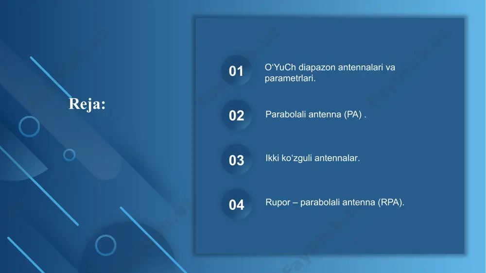 i yaxshilash uchun giperbolali qaytanurlagichli antennalar va ellipssimon qaytanurlagichli antennalar qo‘llaniladi. rupor – parabolali antenna (rpa). desimetrli diapazonda nurlatgich sifatida koaksial liniyadan ta’minlanuvchi vibratorlar qo‘llaniladi. santimetrli diapazonda ruporlar yoki ochiq o‘tazgichlar ishlatiladi va spiralli nurlatgichlar qo‘llanilishi ham mumkin pa fokusida nurlantirgich va aylanish paraboloidasi joylashgan akslantirgich (ko‘zgu)dan tashkil topgan. nurlantirgich muhitga sferik to‘lqinni nurlatadi, parabolali akslantirgich to‘lqinning sferik frontni yassiga tug‘irlaydi. 2.11-расм. bu yerda 1- aylanish paraboloidasi; 2- aylanish paraboloidasining fokusi; 3- radio to‘lqinni yutuvchi modda; 4- nurlatgich; 5- to‘lqin o‘tkazgich; 6- silindrsimon ekran; 7- nurlatgichni mahkamlagichi. text here bu esa antennani fider bilan yaxshi moslashish imkoniyatini beradi. e’tiboringiz uchun raxmat image1.png image8.png image9.wmf image10.wmf image11.png image12.png ук нур нур келт нур й r + r r = r r = h d g a h = /docprops/thumbnail.jpeg