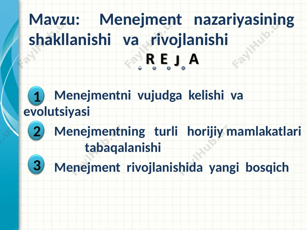 as ta’limotlar tizimidir . payg’ambarimiz muhammad sollallohu alayhi vasallam u boshqarishning turli shakllarini tahlil qilish asosida boshqarishning universallik prinsipini tadqiq qildi. suqrot (eramizdan avv. 480—397-yillar). boshqaruv – bu umumiy ovqatlanish fanidir platon (eramizdan avvalgi 428—394-yillar) davlat boshqarish shakli klassifikatsiyasini yaratdi. дайте краткий обзор презентации. опишите главную суть презентации и обоснуйте ее важность. представьте каждую из основных тем. чтобы предоставить слушателям ориентир, можно можете повторять этот обзорный слайд в ходе презентации, выделяя тему, которая будет обсуждаться далее. * aristotel boshqaruv – quldorlar tomonidan qullarni boshqarish san’ati. konfutsiy davlatni shafqat, sahovat ila boshqarish usulini yatargan. davlatni to’g’ri boshqarmoq uchun hukmdor-hukmdorligicha, amaldor – amaldorligicha, ota – otaligicha, o’g’il – o’g’illigicha qolmog’i lozim. дайте краткий обзор презентации. опишите главную суть презентации и обоснуйте ее важность. представьте каждую из основных тем. чтобы предоставить слушателям ориентир, можно можете повторять этот обзорный слайд в ходе презентации, выделяя тему, которая будет обсуждаться далее. * boshqaruvda jamiyat aholisini uch …