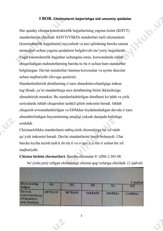 qirqim tarkibiga kiruvchi konturlari chiziladi. 2.shtrix chiziq - detaining ko‘zga ko'rinmaydigan konturlarini tasvirlash uchun qollanadi. 3.1ngichka tutash chiziq — undan detalga olchamlar qo‘yishda, kesim va qirqimlarni shtrixlashda foydalaniladi. 4.ingichka shtrix -p u n k tir chiziq — aylana markazi chiziqlari, simmetriya o‘q chiziqlarini tasvirlashda tatbiq qilinadi. 5.ikki nuqtali ingichka shtrix-punktir chiziq detal yoyilmalari chizilganda bukiladigan joylami tasvirlash uchun qo‘llaniladi (16-chizma). 6.1ngichka tutash tolqinsimon chiziq — undan detaining tasviridagi qismini qirqimdan ajratib ko‘rsatishda foydalaniladi. 7.uzuq chiziq — kesuvchi tekislik yo‘nalishining boshi va oxirini, shuningdek, sinish joylarini tasvirlashda tatbiq qilinadi. asosiy tutash chiziq yo‘g‘onligi s harfi bilan belgilanadi va qolgan chiziqlar yo‘gonliklari asosiy yo‘gon tutash chiziqqa nisbatan aniqlanadi. ingichka shtrix-punktir chiziq chiziqlardagi punktir nuqtalar ko‘rinishida tasvirlanmasdan biroz cho‘zilganroq, ya’ni ikkita-uchta nuqta yonmayon joylashgandek tasvirlanadi. ingichka tutash tolqinsimon chiziq ≪поп izi≫ kabi chiziladi. chizma yozuvlari (shriftlar) ( 0 ‘zdst 2.304:97). chizmalardagi barcha yozuvlar standa rt shrift bilan aniq va yaqqol yozilishi kerak. standart …