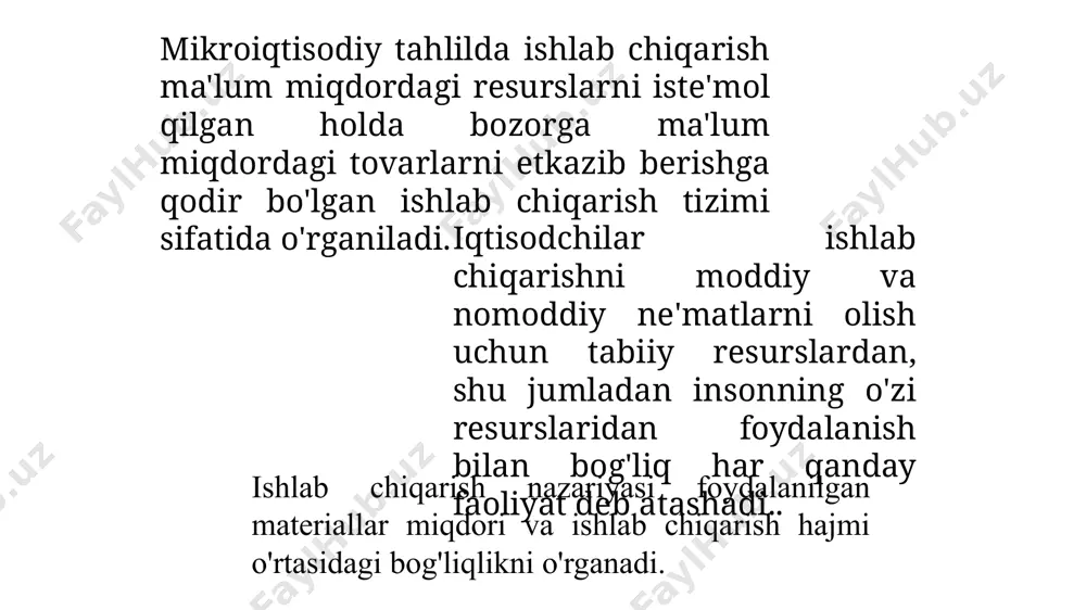 (mr – marginal revenue)- mahsulot sotish bir birlikka oshganida umumiy daromadning oshishi kapitaldan foydalanishning belgilangan hajmi uchun ishlab chiqarish va mehnat miqdori o'rtasidagi bog'liqlik ko'rsatilgan texnik taraqqiyot yo'qligida kapital-mehnatning optimal nisbatiga erishgandan so'ng, o'zgaruvchan ishlab chiqarish omilining marjinal mahsuldorligini kamaytirish qonuni (kamayayotgan daromad qoidasi) amal qiladi. marjinal mahsuldorlikning kamayishi qonuni (daromadning kamayishi, marjinal mahsulotning kamayishi)-vaqtning ma'lum bir nuqtasidan boshlab, bir resursdan foydalanish hajmining o'sishi, boshqasidan foydalanish hajmi o'zgarishsiz qolishi o'zgaruvchan resursning marjinal mahsulotining pasayishiga olib keladi. daromadning kamayishi qonuni ishlab chiqaruvchining xatti-harakati asosida yotadi va narx bo'yicha taklif funktsiyasining tabiatini (taklif egri chizig'ining turini) belgilaydi, kamayib borayotgan marjinal naflilik qonuni narx bo'yicha talab funktsiyasining tabiatini belgilaydi (talab egri chizig'i shakli) 16 o'zgaruvchan omilning o'rtacha va marjinal mahsulotining dinamikasi agar marjinal mahsuldorlik o'rtacha hosildorlikdan oshsa, o'rtacha mahsuldorlik ortadi, va agar buning aksi bo'lsa, unda o'rtacha mahsuldorlik kamayadi. ya'ni, agar har bir keyingi ishchi oldingi o'rtacha mehnat mahsulotidan ko'proq ishlab chiqarsa, u …