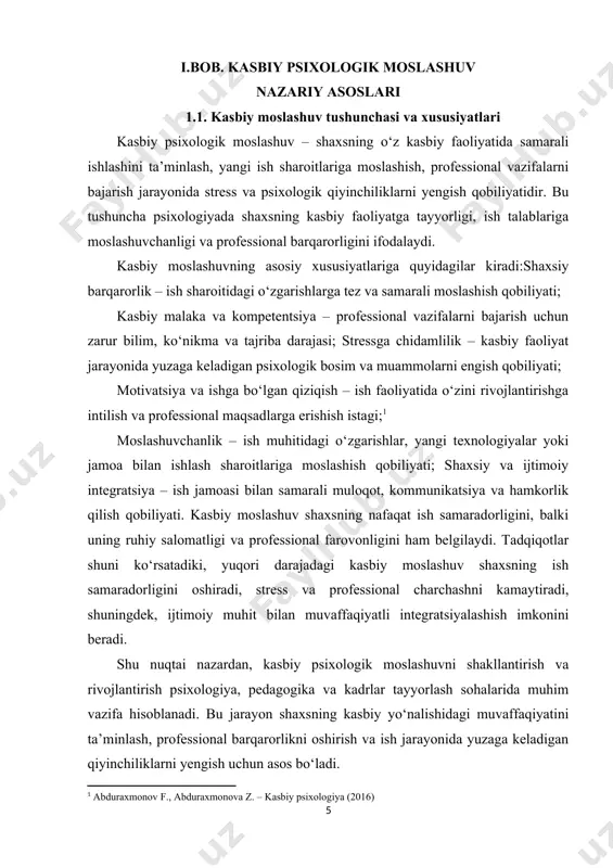 hlarga nisbatan ijobiy munosabat ko‘rsatadi. shaxsiy va ijtimoiy integratsiya – ish jamoasi bilan samarali muloqot, ijtimoiy qo‘llab-quvvatlashni qabul qilish, hamkorlik qilish va konfliktlarni hal etish qobiliyati. professional identifikatsiya – shaxsning o‘z kasbiy rolini anglab, professional maqsadlarni o‘z ichiga qamrab olishi, kasbiy qadriyatlar va normativlarga moslashuvi. kasbiy psixologik moslashuv shaxsning ish samaradorligi, psixologik salomatligi va professional rivojlanishi bilan chambarchas bog‘liq. tadqiqotlar shuni ko‘rsatadiki, kasbiy moslashuv yuqori bo‘lgan xodimlar ishga sodiq, samarali va ijodiy faoliyat ko‘rsatadilar, stress va charchash darajasi esa past bo‘ladi. kasbiy moslashuv shaxsga quyidagi imkoniyatlarni beradi: yangi ish sharoitlariga tez moslashish; professional vazifalarni muvaffaqiyatli bajarish; ishdagi qiyinchilik va muammolarni samarali yengish; jamoadagi ijtimoiy muhit bilan muvaffaqiyatli integratsiya; kasbiy maqsadlarni belgilash va ularga erishishda motivatsiyani saqlash; psixologik barqarorlikni mustahkamlash. shu nuqtai nazardan, kasbiy psixologik moslashuv shaxsning professional va shaxsiy rivojlanishi uchun zarur bo‘lgan asosiy omil hisoblanadi. u shaxsning ish faoliyatida muvaffaqiyatga erishishida, ish jarayonidagi stressni kamaytirishda, professional qobiliyat va malakalarni …