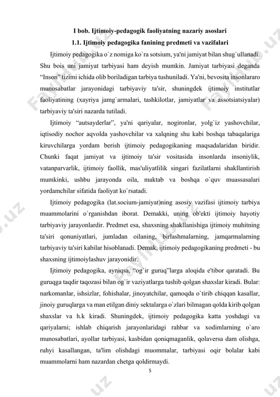 ni shakllantirish mumkinki, ushbu jarayonda oila, maktab va boshqa o`quv muassasalari yordamchilar sifatida faoliyat ko`rsatadi. ijtimoiy pedagogika (lat.socium-jamiyat)ning asosiy vazifasi ijtimoiy tarbiya muammolarini o`rganishdan iborat. demakki, uning ob'ekti ijtimoiy hayotiy tarbiyaviy jarayonlardir. predmet esa, shaxsning shakllanishiga ijtimoiy muhitning ta'siri qonuniyatlari, jumladan oilaning, birlashmalarning, jamqarmalarning tarbiyaviy ta'siri kabilar hisoblanadi. demak, ijtimoiy pedagogikaning predmeti - bu shaxsning ijtimoiylashuv jarayonidir. ijtimoiy pedagogika, ayniqsa, “og`ir guruq”larga aloqida e'tibor qaratadi. bu guruqga taqdir taqozasi bilan og`ir vaziyatlarga tushib qolgan shaxslar kiradi. bular: narkomanlar, ishsizlar, fohishalar, jinoyatchilar, qamoqda o`tirib chiqqan kasallar, jinoiy guruqlarga va man etilgan diniy sektalarga o`zlari bilmagan qolda kirib qolgan shaxslar va h.k kiradi. shuningdek, ijtimoiy pedagogika katta yoshdagi va qariyalarni; ishlab chiqarish jarayonlaridagi rahbar va xodimlarning o`aro munosabatlari, ayollar tarbiyasi, kasbidan qoniqmaganlik, qolaversa dam olishga, ruhyi kasallangan, ta'lim olishdagi muommalar, tarbiyasi oqir bolalar kabi muammolarni ham nazardan chetga qoldirmaydi. ijtimoiy hayotning turli javhalaridagi bu insonlar, albatta, yuqori malakali pedagogik yordamga muxtojdirlar. amaliyotda …