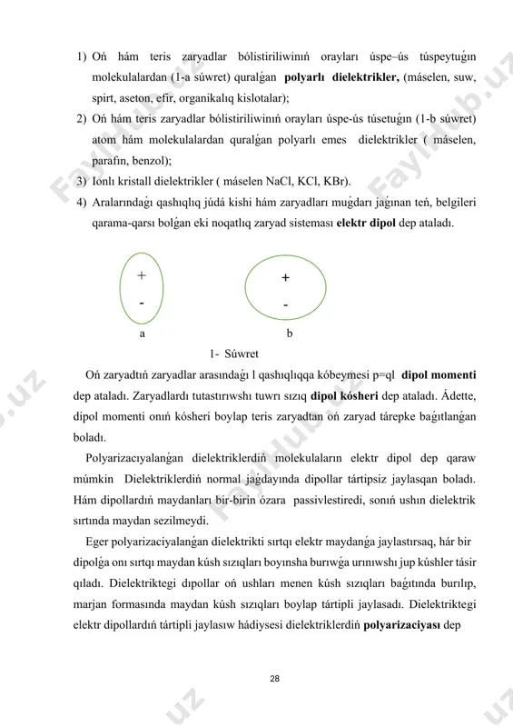lardıń xaotikalıq –jıllılıq qozǵalısı dipollardıń tártipli jaylasıwına tásir etedi, sonıń ushın olar kúsh sızıqları qasında terbelmeli qozǵalıp turadı. sırtqı maydan qanshelli kúshli bolsa, dipollar sonshelli tártipli jaylasadı. polyarlı dielektriklerdiń polyarizaciyalanıwı dipollı polyarizaciyalanıw dep ataladı.eger polyarlı emes dielektrik elektr maydanǵa kiritilse, dielektriklerdegi molekulalardıń oń zaryadları orayı hám teris zaryadları orayı ózara qarama-qarsı tárepke jıljıydı hám molekulalar dipollarǵa aylanadı, yaǵniy bul túrdegi dielektrikler de polyarizaciyalanadı. bunday polyarizaciyalanıw elektonlı polyarizaciyalanıw dep ataladı. sırtqı maydan qanshelli kúshli bolsa, molekulalardıń oń zaryadları orayı hám teris zaryadlar orayı kúsh sızıqları boylap bir-birinen sonshellı kóp uzaqlasadı. nátıyjede polyarizaciyalanǵan dielektrik betiniń bir tárepinde artıqmash oń zaryadlar, ekinshi tárepinde bolsa teris zaryadlar boladı. bul zaryadlar baylanısqan zaryadlar dep ataladı. baylanısqan zaryadlar payda qılǵan maydan sırtqı maydan baǵıtına qarama qarsı baǵıtlanǵan boladı hám onı passivlestiredi, biraq pútkilley joq qılıp jibermeydi. ion reshyotkalı kristall dielektriklerden biri nacl dıń kristall reshyotka túyinlerinde na+ hám cl- jaylasqan. túri belgige iye qonsılas ıonlardıń hár …