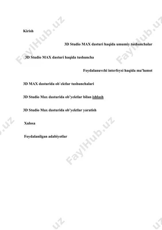 uch o`lchovli grafika bilan ishlovchi foydalanuvchi loyihalash, yoritish, ob`ektlar va kameralarni ko`chirish, tovush va namoyish effektlardan foydalanish kabi sohalardan bilimlarga ega bo`lishi kerak. bu yerda shu sohaning tashkil etuvchilari – fazolar, ob`ektlarni modellashtirish, namoyish tog`risida ma`lumotlar keltiriladi. qxirgi yillarda an`anaviy 2d grafik dasturlar bilan uch o`lchovli 3d modellashtirish, animasiya va namoyish dasturlari ko`p tarqaldi. shu davrda ishlab chiqilgan dasturlardan discreet kompaniyasining 3d studio max yoki alias wavefront kompaniyasining java dasturlari o`z mohiyatlari bo`yicha gibrid grafik paketlardir. chunki ular bir tomondan 2d va 3d vektorli ob`ektlar bilan ishlash imkoniyatini bersa, ikkinchi tomondan ish natijasidan pikselli (rastrli) tasvir – alohida kadr sifatida yoki videotasmada olinadi. 3d modellashtirishning xususiyatlari va ularda animasiya harakatlarni qo`shish imkoniyati ularga bo`lgan qiziqishni kesk in oshirib yuboradi. yuqori talablar qo`yadi. uch o`lchovli grafika bilan ishlaganda, shakllar hosil qilinadigan fazoga alohida e`tibor berish kerak. bu holda an`anaviy 2d — tekislik uch o`lchovli grafika maqsadlariga to`g`ri keltiriladi. 3d — grafikada …