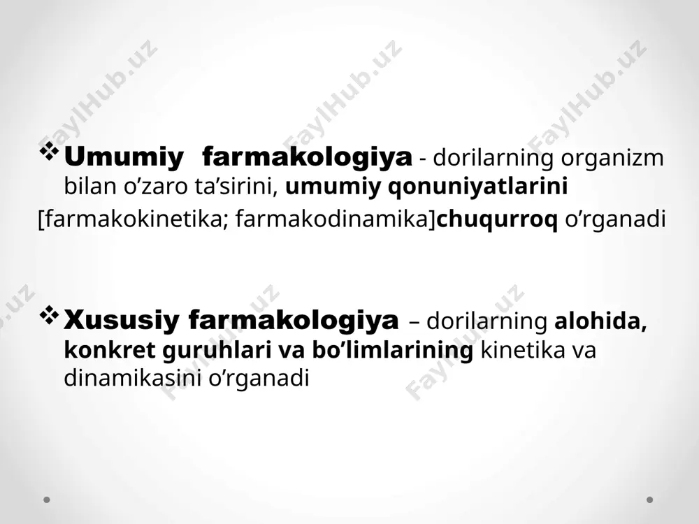 izm dori modda metabolik transformatsiya -oksidlanish -qaytarilish -gidroliz konyugatsiya -glukuron k-ta b-n -atsetillanish -metillanish -sulfat k-ta b-n -aminokislota b-n -glutation k-ta b-n metabolit va konyugatlar eliminatsiya metabolizmi maqsad: dorilarni oson eleminatsiyasini ta’minlash mahsulotlari odatda polyar metabolitlar, funksional guruhlar kiritiladi oksidlanish mikrosomal oksidlanishni sitoxrom p450 oilasi amalga oshiradi. mikrosomal oksidlanishda qatnashuvchi enzimlar silliq endoplazmatik to’rda joylashgan. non-mikrosomal oksidlovchi fermentlar: a. alkogol/aldegid degidrogenaza b. monoaminooksidaza, diaminooksidaza (d, 5-ht, na, a ni dezaminlaydi) c. flavin monooksigenazalar: o2, nadph, faddan foydalanadi i faza: oksidlanish, qaytarilish, gidroksillanish gidroliz qaytarilish jigar, ingichka ichak, plazma va boshqa to’qimalarda amalga oshadi misol: aspirin gidrolizi (esteraza ishtirokida) misollar: xolestrin efirlari, prokain, izoniazid, oksitotsin misollar: nalokson, xloramfenikol, xloralgidrat, galotan dori yoki i faza metaboliti konyugatsiyalanadi konyugatsiya: suvda eruvchan kam suvda eruvchan ii faza mahsulotlari yuqori qutbli, farmakologik inaktiv ko’proq siydikda, kamroq o’tda ekskretsiya qilinadi ii faza: sintez reaksiyalari, molekulaga boshqa moddalar qo’shilishi - atsetillanish (git epiteliysida, leykotsitlar, jigarda) - metillanish …