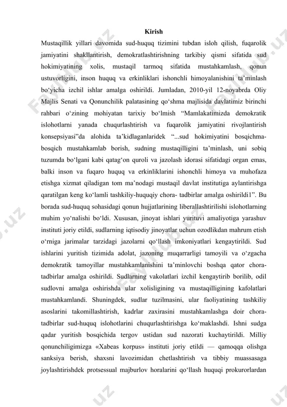 chlari tizimini, ularning har birida protsessual harakatlarni o‘tkazish tartibini, ish bo‘yicha qaror qabul qilish asoslari va tartibini o‘rnatadi.jinoyat protsessual huquqi – jinoyat ishlari bo‘yicha surishtiruv, dastlabki tergov va sud muhokamasini o‘tkazish bilan bog‘liq faoliyatni tartibga soluvchi tartib qoida va normalarning qonunda mustahkamlangan tizimini, ya’ni jinoyat ishi yurituvi vazifalari amalga oshiriladigan zarur huquqiy tartib-taomillarni ifodalaydi. jinoyat-protsessual huquqining ahamiyati va zaruriyati quyidagilarda namoyon bo‘ladi: · birinchidan, huquqni muhofaza qilish organlarining qonunda belgilangan o‘z vakolatlari doirasida jinoyat ishlarini qo‘zg‘atish, tergov qilish, ko‘rib chiqish va hal qilish bo‘yicha faoliyatini tartibga solish orqali shaxs, jamiyat, davlatni jinoiy tajovuzlardan muhofaza qiluvchi jinoyat huquqiy normalar qo‘llanilishini ta’minlaydi; · ikkinchidan, majburlov choralarini qo‘llash shartlari, asoslari va turlarini belgilaydi; · uchinchidan, shaxs huquqlari kafolatlarini o‘rnatadi, xususan, ayblanuvchining himoyaga bo‘lgan, uy-joy daxlsizligi, yozishmalar sir saqlanishi, adolatli va xolis odil sudlovga bo‘lgan huquqi va boshqa huquqlarini ta’minlaydi; · to‘rtinchidan, fuqarolarning hayoti va sog‘lig‘i, xususiy mulki va shaxsiy erkinligi, sha’ni va qadr-qimmatiga …