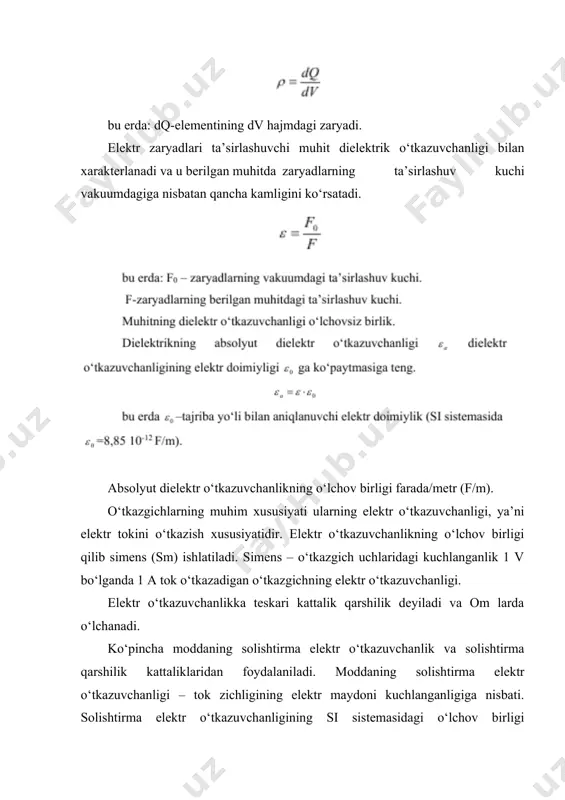 o‘ladi. dielektrikning yuzasida zaryadlar paydo bo‘ladi. elektr maydonining ta’siri ostida dielektrikdagi zaryadlarning siljishi qutblanish deyiladi. qutblangan dielektrikning yuzasida hosil bo‘lgan zaryadlar bog‘langan zaryadlar deyiladi. qutblanish–bu elektr maydoni ta’sirida dielektrikda bog‘langan zaryadlar joylashishini o‘zgartirishni tartibga solish. bu o‘zgarish dielektrikdagi manfiy bog‘langan zaryadlar yuqoriroq potensial yo‘nalishida, musbat bog‘langan zaryadlar esa pastroq potensial tomonga ko‘chadi. mineral zarrachalarni zaryadlash usullari boyitishda ishlatiladigan elektr separatsiya usullarining ko‘pchiligi uchun mineral zarrachalarni zaryadlash (yoki qutblash) muhim ahamiyatga ega. mineral zarrachalarni zaryadlashning eng ko‘p tarqalgan usullarini ko‘rib chiqamiz. ionlash orqali zaryadlash. mineral zarrachalarni tojli elektrsizlashtirish maydonida zaryadlash usuli keng tarqalgan. tojli elektrsizlashtirish gazlarda elektrsizlantirishning ko‘rinishi hisoblanadi. har qanday gaz–ideal dielektrikligiga qaramay elektrodlar orasida tok manbaining etarli quvvatida elektr toki paydo qiladi. bu hodisaning sababi elektrodlar orasidagi oraliqda joylashgan gaz (havo) ionlashishi va buning natijasida gazda elektr zaryadlarini tashuvchi (musbat yoki manfiy zaryadlangan) ionlar va elektronlarning paydo bo‘lishidir. ionlashishning mohiyati neytral molekuladan elektronlarni yo‘nib olish va erkin elektronlarning bir …