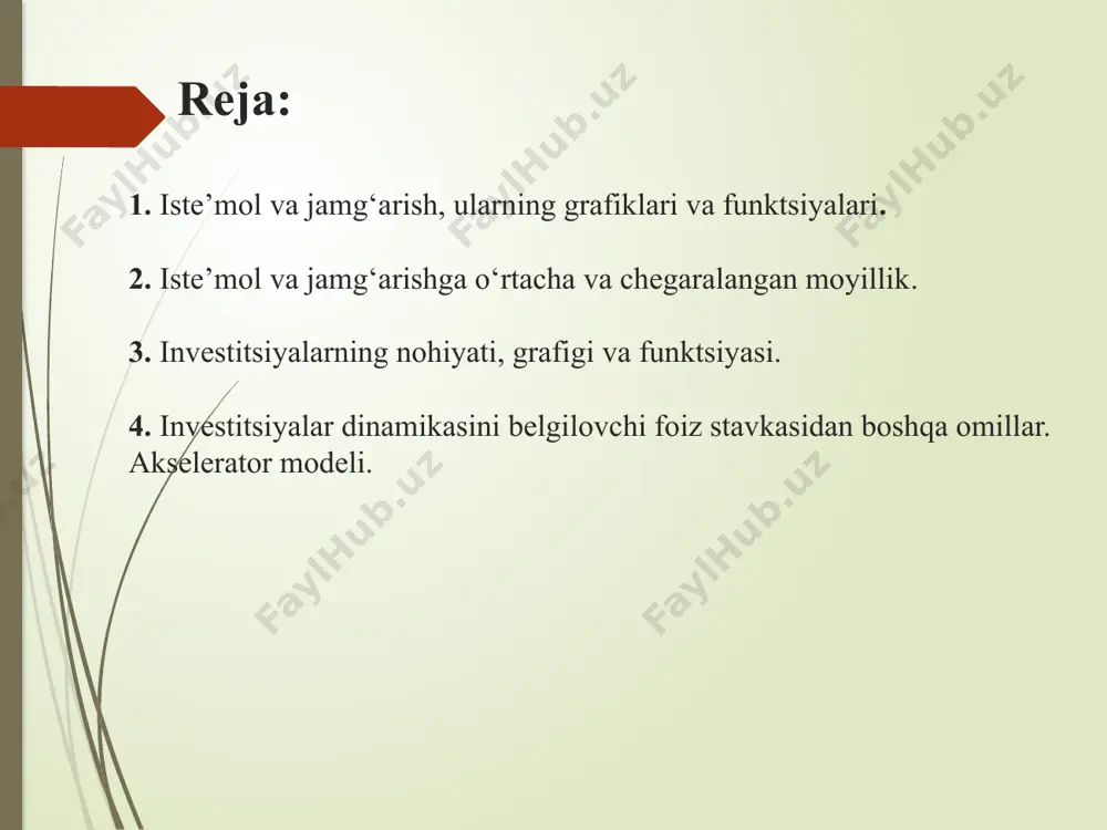 addagi iste’mol xarajatlarining ulushi tushuniladi, ya’ni: bunda: apc – (average propensity to consume) iste’molga o’rtacha moyillik. jamg’arishga o’rtacha moyillik. tasarrufidagi daromaddagi jamg’arish ulushini jamg’arishga o’rtacha moyillik deb ataladi, ya’ni: bunda: aps (average propensity to savind) – jamg’armaga o’rtacha moyillik. iste’molga chegaraviy moyillik iste’moldagi o’zgarishlarning shu o’zgarishni keltirib chiqargan tasarrufidagi daromad o’zgarishdagi ulushi iste’molga chegaralangan moyillik deyiladi. bu yerda: mpc (marginal propensity to consume) – iste’molga chegaralangan moyillik. jamg’arishga chegaraviy moyillik jamg’arishdagi o’zgarishning ixtiyordagi daromad o’zgarishdagi ulushi jamg’arishga chegaralangan moyillik deyiladi. bu yerda: mps (marginal propensity to saving) – jamg’arishga chegaraviy moyillik. investitsiyalar yoki kapital qo’yilmalar investitsiyalar yoki kapital qo’yilmalar – bu, hali buyumlashmagan, lekin ishlab chiqarish vositalariga qo’yilgan kapitaldir. o’zining moliyaviy shakliga ko’ra, ular foyda olish maqsadida xo’jalik faoliyatiga qo’yilgan aktivlar hisoblansa, iqtisodiy mohiyatiga ko’ra investitsiyalar yangi korxonalar qurish, uzoq muddat xizmat ko’rsatuvchi mashina va asbob-uskunalarni yakuniy sotib olishga hamda shu bilan bog’liq bo’lgan aylanma kapitalning o’zgarishiga ketgan xarajatlardir. shuningdek …