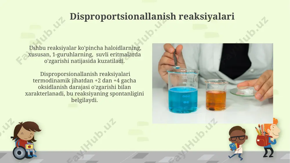 iyasi natijasida oksidlar hosil bo'lishi kabi, ko'plab kimyoviy jarayonlarda, jumladan, 100 dan ortiq turdagi reaksiyalarda kuzatiladi. kombinatsion reaksiyalarda 2 yoki undan ortiq moddalar o'zaro ta'sirlashib, 1 ta yangi murakkab modda hosil qiladi, bu jarayon ko'pincha issiqlik ajralishi bilan birga keladi. toʻliq oksidlanish-qaytarilish reaksiyalari ba'zi toʻliq oksidlanish-qaytarilish reaksiyalari 2 yoki undan ortiq bosqichda, murakkab oraliq mahsulotlar hosil qilib, amalga oshadi. reaksiya tezligi katalizatorlar ta'siri bilan tezlashishi mumkin. toʻliq oksidlanish-qaytarilish reaksiyalarida moddalar 0 dan +4 gacha yoki -4 dan 0 gacha oksidlanish darajalarini oʻzgartiradi, bu esa elektronlarning toʻliq almashinuvini koʻrsatadi, masalan, metanning (ch₄) karbon dioksidga (co₂) toʻliq oksidlanishi. e'tiboringiz uchun rahmat @taqdimot_robot image6.jpg image7.jpg image8.jpg image9.jpg image10.jpg image11.jpg image12.jpg image13.jpg image14.jpg image15.jpg image16.jpg image1.png