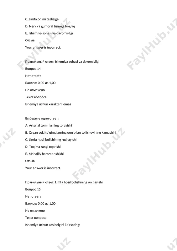 ishi b. qon oqimi tezligi c. eritrotsitlarining musbat zaryadlari d. eritrotsitlarining disk shaklida bolishi e. eritrotsitlarining manfiy zaryadlari отзыв your answer is incorrect. правильный ответ: eritrotsitlarining manfiy zaryadlari вопрос 25 нет ответа баллов: 0,00 из 1,00 не отмечено текст вопроса mikrosirkulyatsion ozan tomirlar diametri olchami qanchadan kichik bo`lishi kerak? выберите один ответ: a. 10 mmdan b. 200 mmdan c. 1000 mmdan d. 500 mikrondan e. 100 mmdan отзыв your answer is incorrect. правильный ответ: 100 mmdan вопрос 26 нет ответа баллов: 0,00 из 1,00 не отмечено текст вопроса mikroskop ostidagi qurbaqani o'rganish davomida qon aylanishining buzilishlarini aniqladi. unda eritrotsitlarni tanga ustunlariga yopishtirish hodisasi aniqlandi. bu periferik qon aylanishi buzilishining qaysi turi uchun xarakterli? выберите один ответ: a. compression ishemiyasi b. arterial giperemiya c. ngiospastik ishemiya d. venoz giperemiya e. chin staz отзыв your answer is incorrect. правильный ответ: chin staz вопрос 27 нет ответа баллов: 0,00 из 1,00 не отмечено …