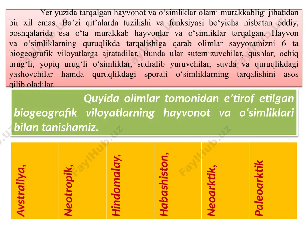 shi; 7— qizil rangli jannat qushi; 8 — kazuar tuyaqushi; 9 — pushtirang kakadu; 10 — emu tuyaqushi; 11 — xoldor to'ti; 12 — katta kivi; 13 — kapachi qush. sutemizuvchilar: 14 — o'rdakburun; 15 — proyexidna; 16 — yexidna; 17 — yirik xaltali letyaga; 18 — koala; 19 — kulrang bahaybat kenguru. neotropik biogeografik viloyat. janubiy va markaziy amerika hamda meksikaning tropik qismi, karib arxipelagidan iborat. mazkur viloyatda sutemizuvchilardan gajak dumli maymun, gajak dumli ayiq, pampas mushugi, skuns, dengiz cho‘chqasi, janubiy amerika tulkisi, tuban vakillardan opossum, zirhlilar, chumolixo‘r, yalqov, qushlardan kolibri, yapaloq qush, tasqara, nandu, sudralib yuruvchilardan alligatorlar, iguana, ilonlar uchraydi. 1 — sargan-dengiz «masxarabozi»; 2 — oy baliq. sudralib yuruvchilar: 3 — yashil iguana; 4 — yer igua- nasi. qushlar: 5 — kalibri; 6 — ara to'tiqushi; 7 — and kon- dori; 8 — nandu tuyaqushi; 9 — magellan pingvini. sut emizuvchilar: 10 — suv opossumi; 11 — …