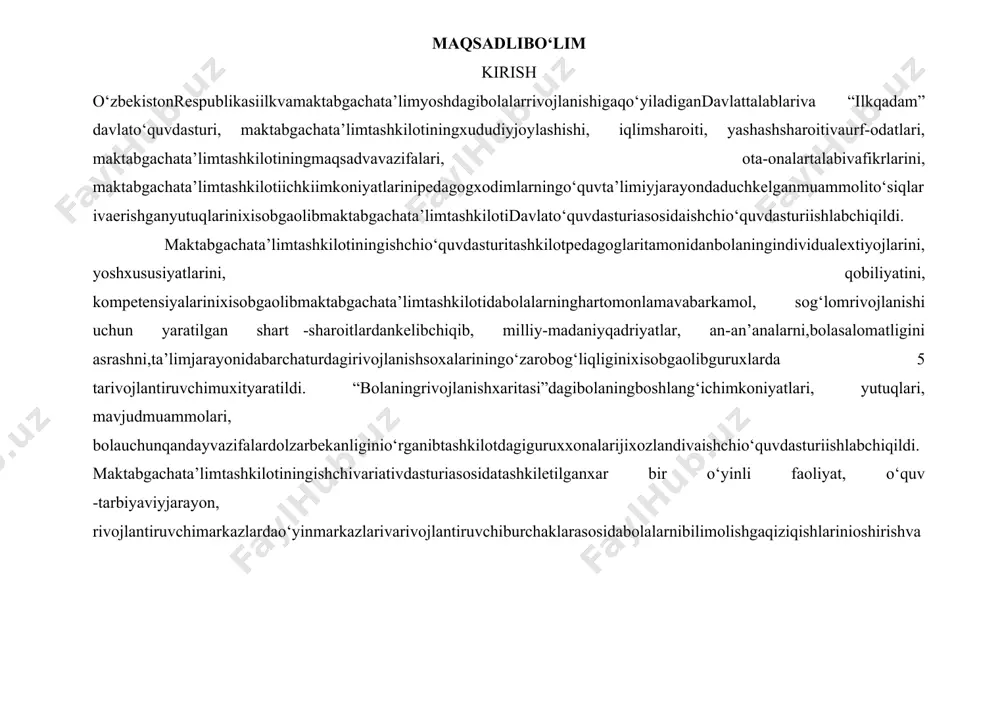 vamaktabgachata’limyoshdagibolalarrivojlanishigaqo‘yiladigandavlattalablariva “ilkqadam” davlato‘quvdasturivazifalarinio‘zlashtirishibo‘yichabolalarnibilimdarajalarininazoratqilibborish, o‘zlashtirmovchibolalarbilanyakkatartibdaisholibborish; 6. ota-onalarbilanxamkorlikishlariniyaxshilashvata’limiyhamdatarbiyaviyjarayonlardaularningishtirokinita’minlashgaerishish; 7. ilg‘orpedagoglarni ishlarini ommalashtirish kabi vazifalarni maqsad qilib qo‘ydi. mazmunli bo‘lim bola rivojlanishining 5 ta ta’lim sohasi vazifalari mazmuni, natijalar, ta’lim faoliyati shakllari. 1. jismoniy rivojlanish va sog‘lom turmush tarzini shakllantirish sohasida: jismoniy tarbiya mashg‘ulotlari sifatini yaxshilash, sport sog‘lomlashtirish ishlarini muntazam olib borish, xodimlar, ota-onalar va bolalar ishtirokida sport musobaqalar va sport tadbirlarini tashkil etish; 2. ijtimoiy-xissiy rivojlanish sohasida: xar bir bolaning individual xususiyatlarini xisobga olgan xolda ta’limiy va tarbiyaviy jarayonlarni xisobga olish, bolaga o‘ziga bo‘lgan ishonchni shakllantirish, ijtimoiylashuvini, kattalar va tengdoshlari bilan muloqotga kirishish jarayonlari amalga oshirishda tarbiyachi, psixolog, ota-ona xamkorligini rivojlantirish; 3. nutq, muloqot, o‘qish va yozish ko‘nikmalari sohasida: bolani yoshlikdan kitobga bo‘lgan qiziqishini oshirish shu orqali bolani nutqini to‘g‘ri rivojlantirib borish, savodxonlikka o‘rgatishda pedagoglar va ota-onalar o‘rtasidagi xamkorlikni kuchaytirish; 4. bilish jarayonlarini rivojlantirish sohasida: bolada intelektual saloxiyatni, elementar matematik ko‘nikmalarni rivojlantirishda “o‘ynab o‘rganamiz” shiori ostida ish olib borish. yangi ta’limiy o‘yinlar …